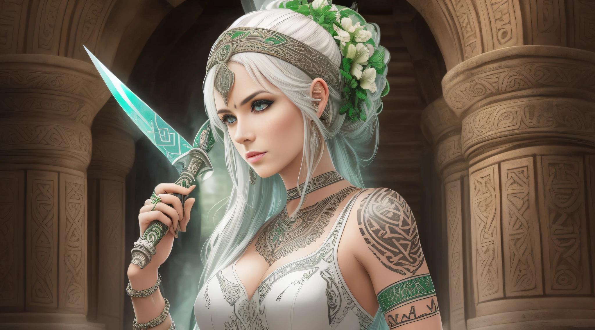 A very beautiful woman, a Celtic warrior, holding a Celtic dagger, is inside an ancient temple, white clothes, Celtic tattoos for the body. colorful, two-dimensional