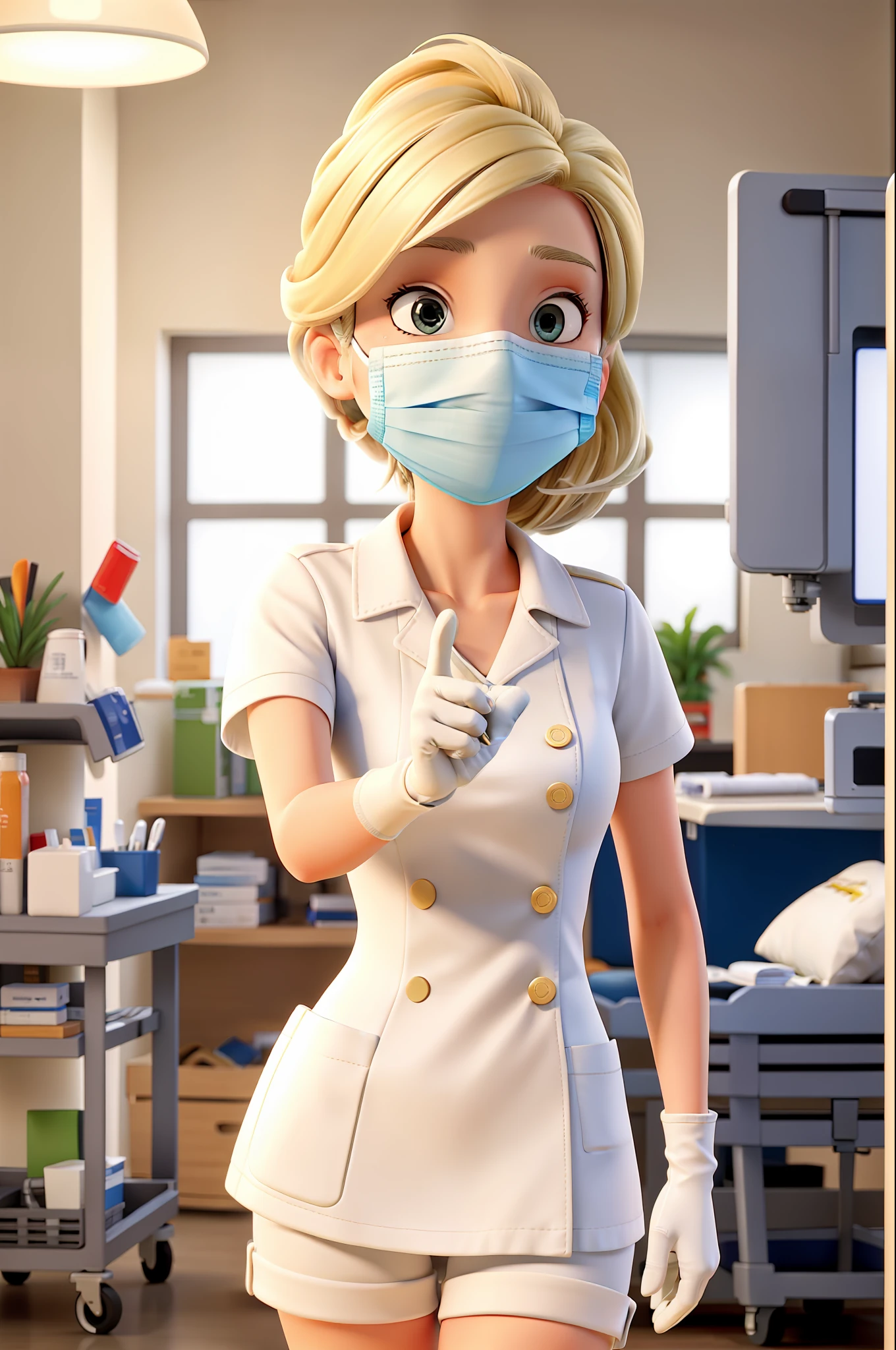 masterpiece, best quality, blonde Female nurse with a surgical mask putting on gloves at hospital, white nurse outfit
