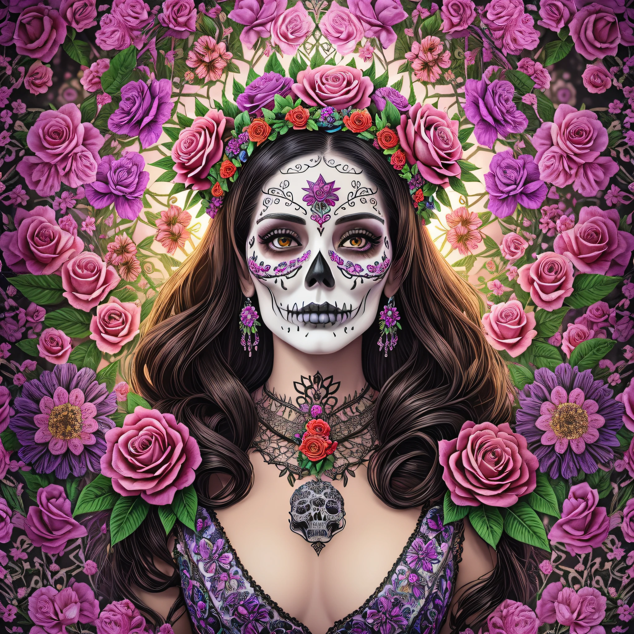 "Floral Crown": A detailed image showcasing Catrina La Muerte wearing an elaborate floral crown, adorned with vibrant blooms and delicate petals, representing the connection between life, beauty, and the cycle of nature, Surrealism, color field printing, high detail, UHD, 8k, anatomically correct, cinematic lighting 4d quality --auto --s2