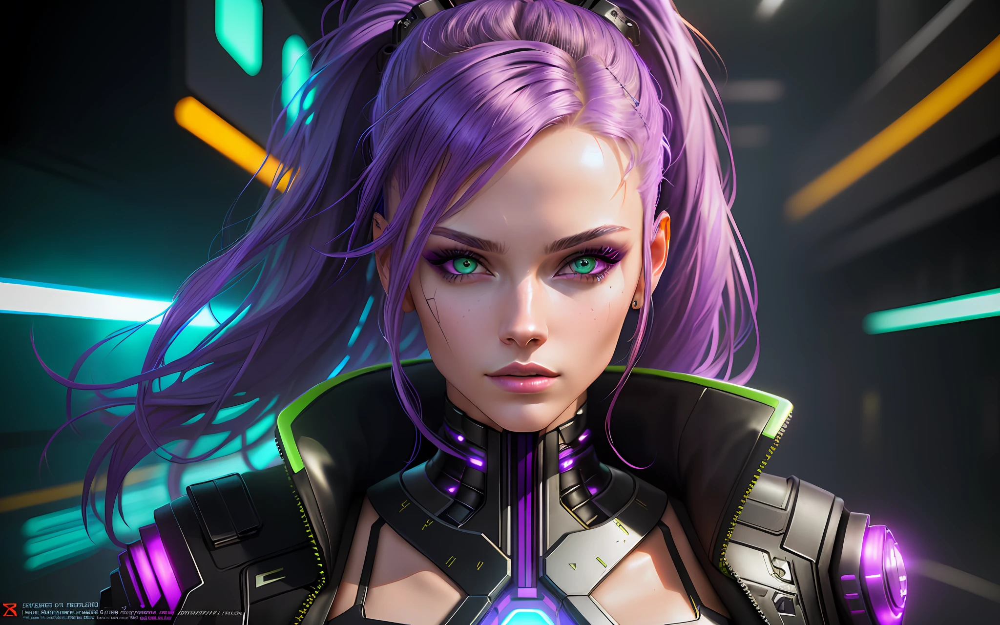 Alisa Freindlich, Alisa Shor, Alisa Kuzmina, Alisa Selezneva, an exotically beautiful woman dressed in futuristic clothes with a ponytail of purple hair as the Terminator, a perfect detailed face, detailed symmetrical green eyes with a round iris, realistic, stunning realistic photography, 3D rendering, octane rendering, intricate detailed, cinematic, cyberpunk art style, cyberpunk themed art, art style cyberpunk, cyberpunk girl portrait, cyberpunk portrait, cyberpunk bright glow, advanced cyberpunk digital art, cyberpunk style, cyberpunk style color, hyper-realistic cyberpunk style, female cyberpunk, cyberpunk character art, dreamy cyberpunk girl, cyberpunk atmosphere,