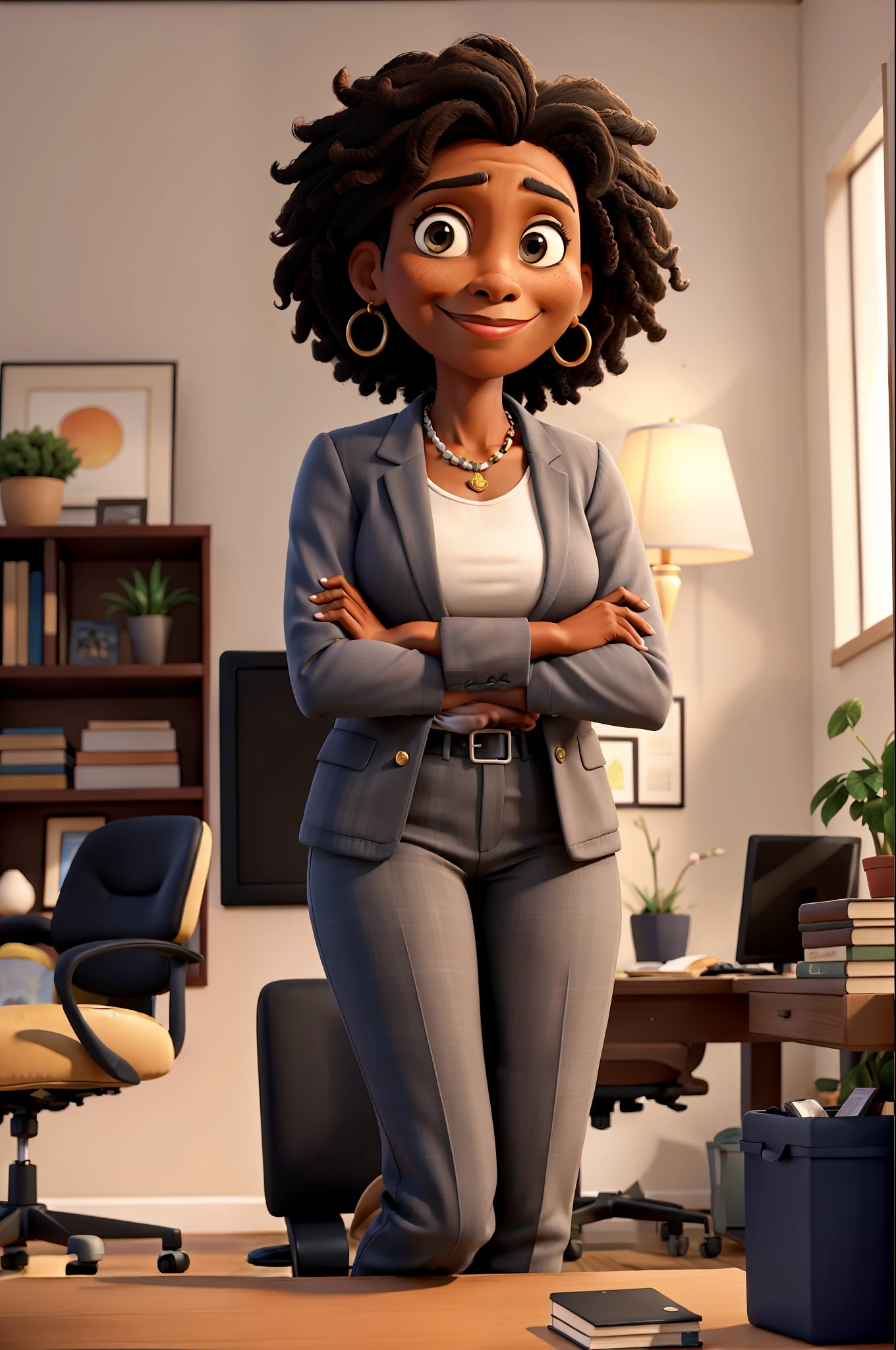 masterpiece, best quality ,Portrait of mid adult successful black mature woman looking at camera with arms crossed. Smiling african american business woman standing in new office .Portrait of mature woman.