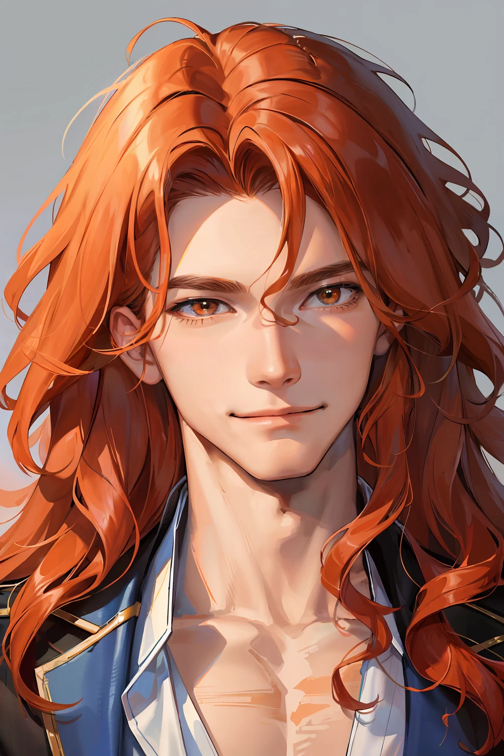 (masterpiece, best quality), 1boy, young male, tall muscular, handsome, smile, closed mouth, portrait, extremely detailed face, (long wavy hair), (ginger hair)