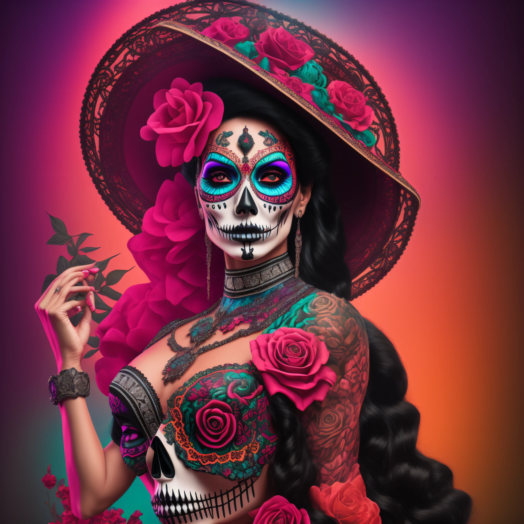 "Timeless Beauty": An image showcasing Catrina La Muerte as a timeless symbol, with a blend of traditional and contemporary elements, emphasizing her enduring allure and relevance in Mexican culture, Surrealism, color field printing, high detail, UHD, 8k, anatomically correct, cinematic lighting 4d quality --auto --s2