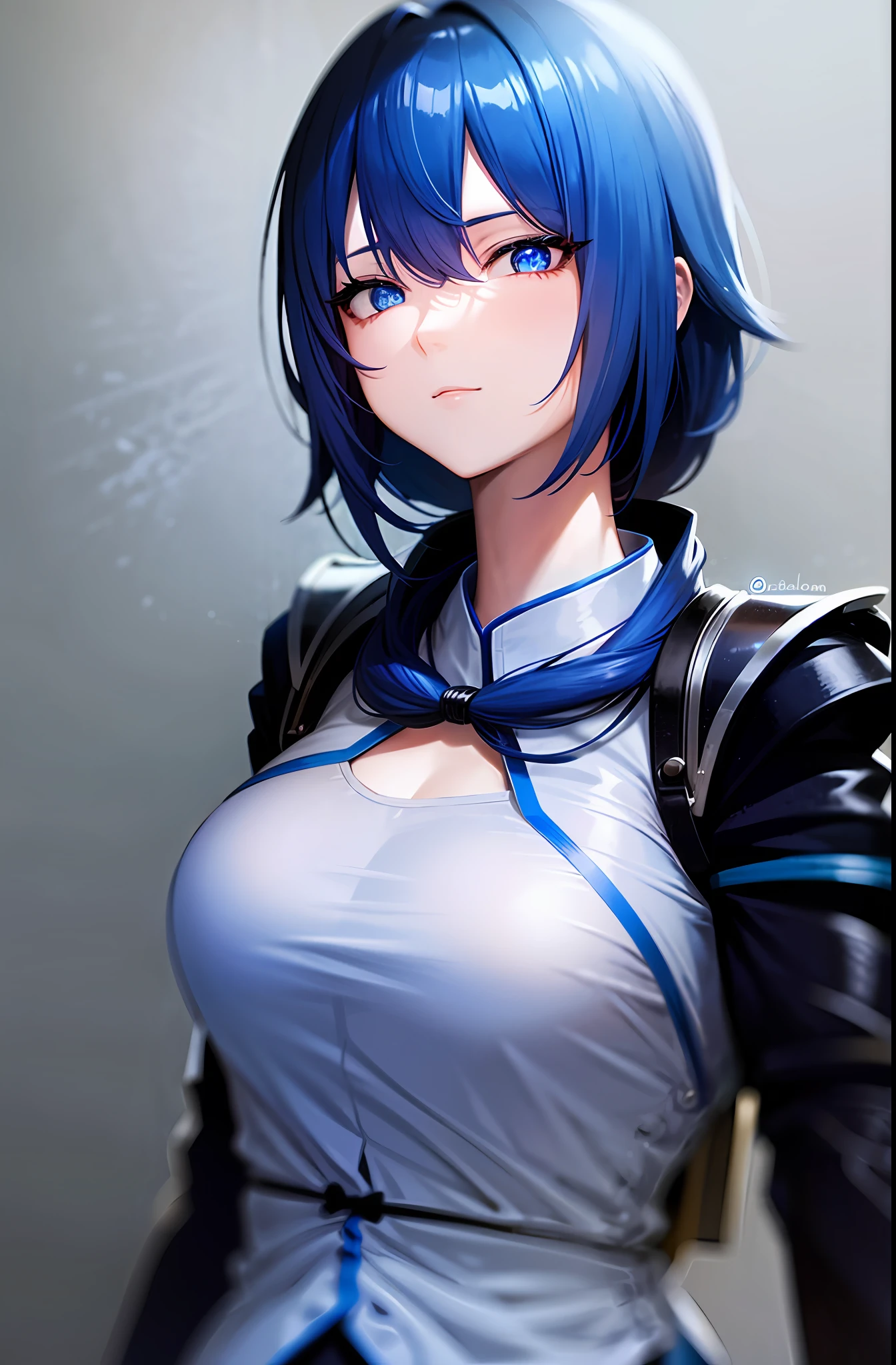 (girl:1.2) blue-haired, clothes from feudal Japan, dark atmosphere, futuristic setting, facial close-up, bright eyes, internal combustion sensation