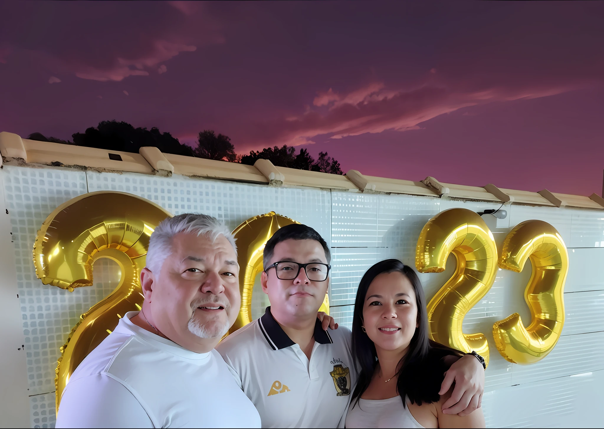 There are three people next to a wall with balloons, family photo, blurred background, 3D image, futuristic sky