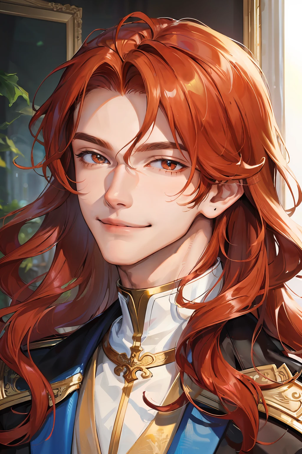 (masterpiece, best quality), 1boy, young male, tall muscular, handsome, smile, closed mouth, portrait, extremely detailed face, (long wavy hair), (ginger hair)