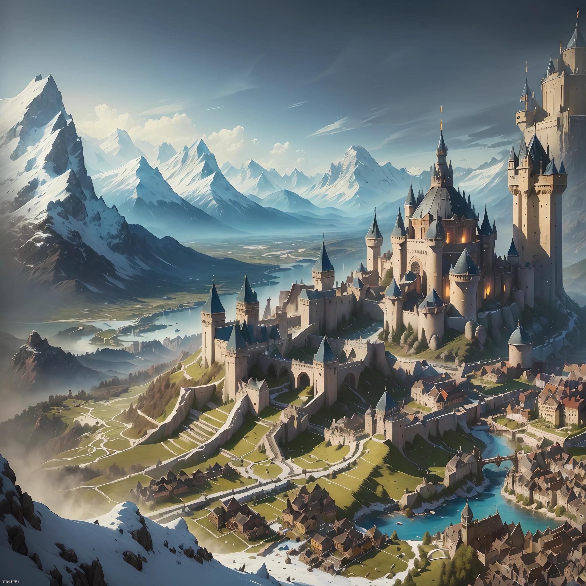 ((best quality)), ((masterpiece)), ((realistic)), ((fantasy kingdom, kingdom, villages, citadels)), ((mountains, towering mountains, snow-peaked mountains, mountains with vast caves)), art of war, epic battles, forging of weapons --auto --s2