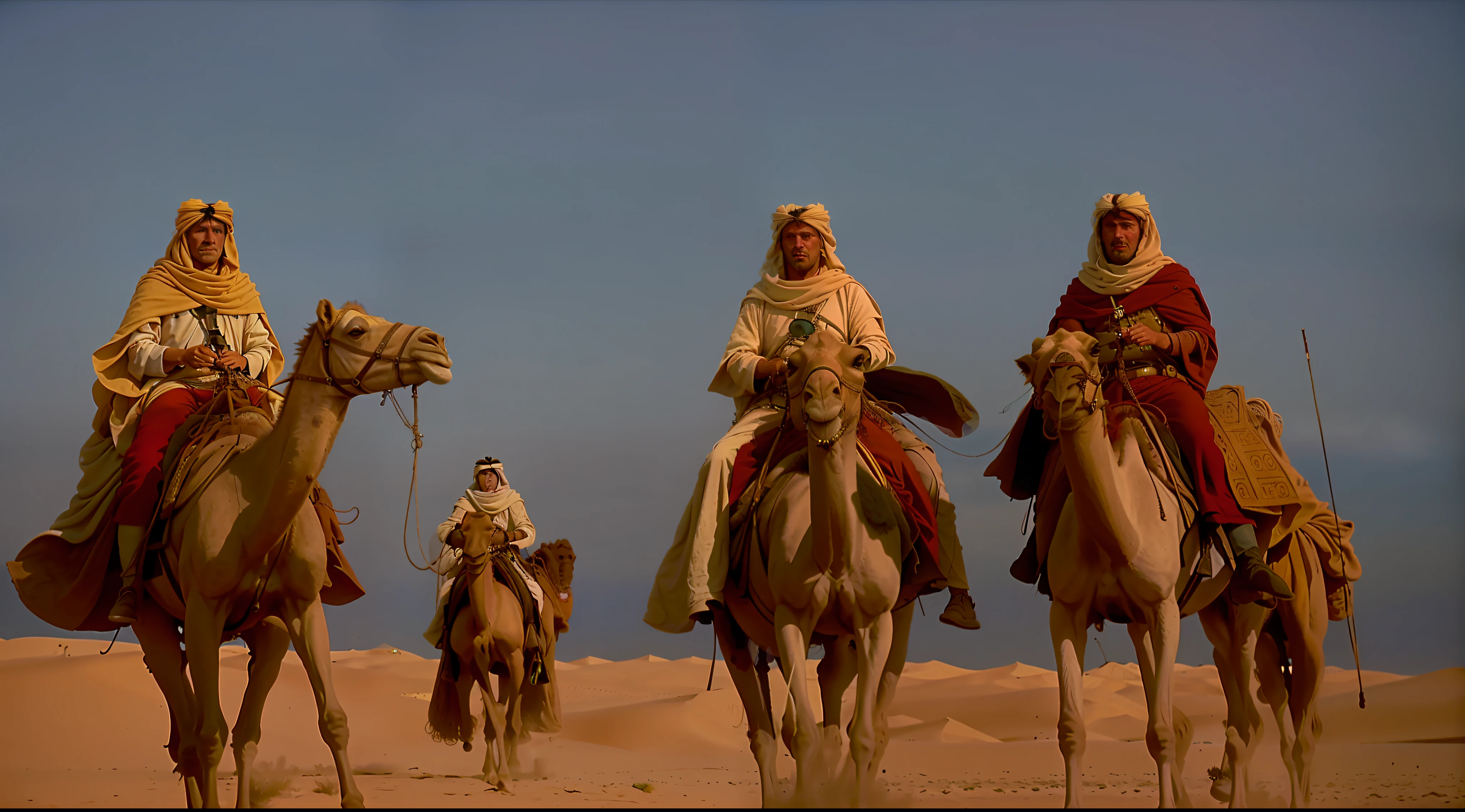 three men riding on the backs of camels in a field, lawrence of arabia, still from a live action movie, still from a ridley scott movie, scene from live action movie, from a movie scene, scene from dune 2 0 2 1 movie, film still from dune 2020, still from a wes anderson film, scene from the film