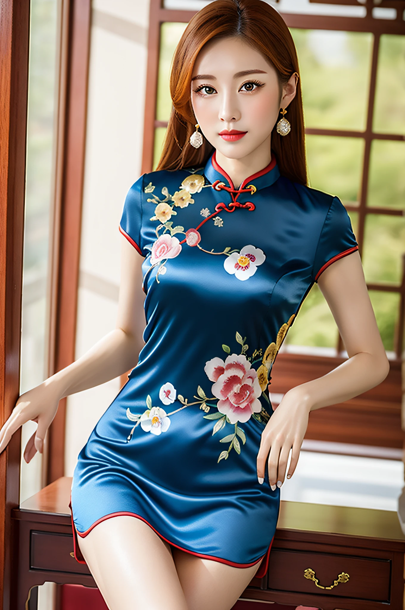 (Masterpiece, best quality: 1.2), 1 girl, cheongsam, sexy body, medium breasts, long hair, willow rock