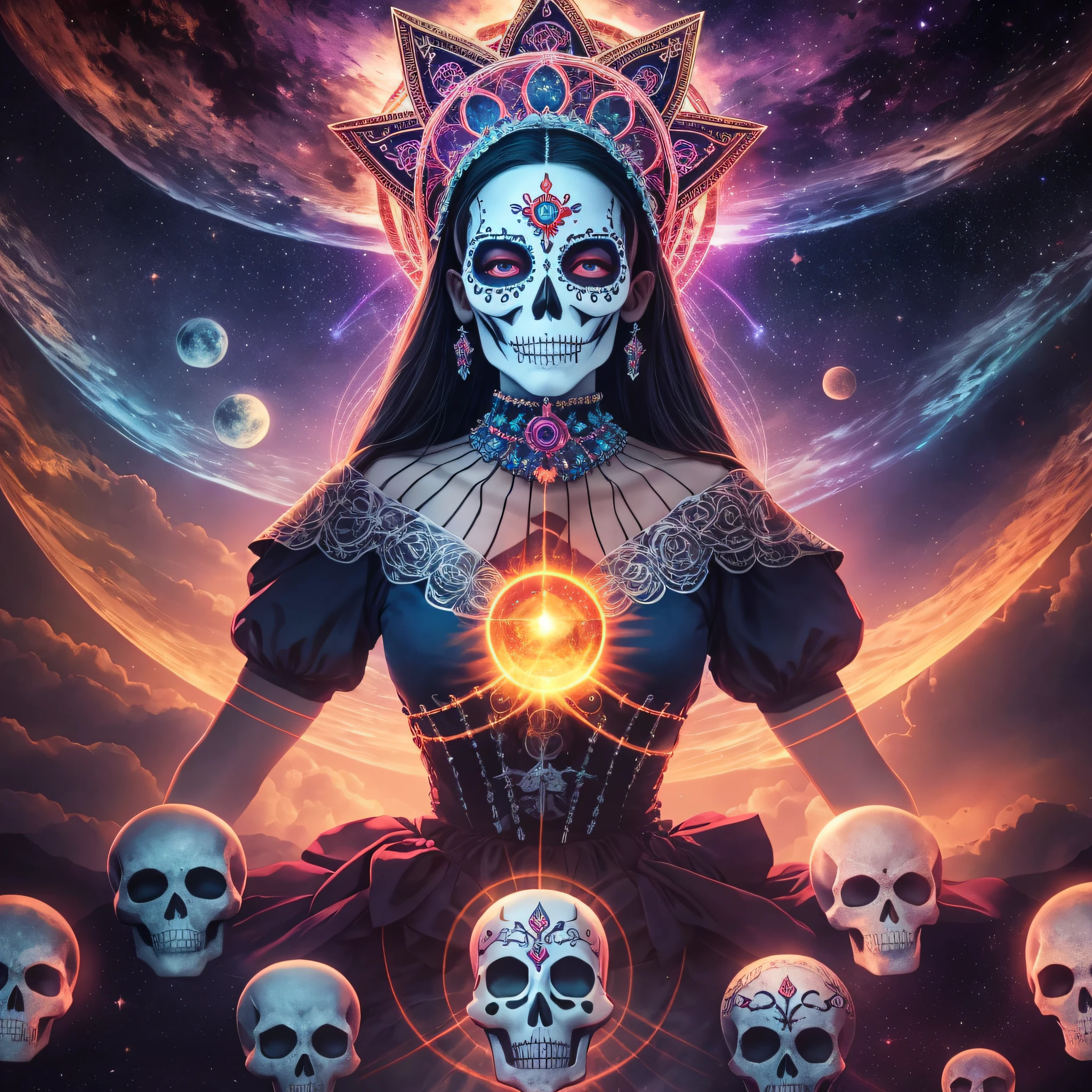 "Spiritual Journey": An evocative image portraying Catrina La Muerte floating amidst a celestial dreamscape, surrounded by celestial bodies, stars, and cosmic energies, symbolizing the spiritual journey of the soul during the Day of the Dead celebration, Surrealism, color field printing, high detail, UHD, 8k, anatomically correct, cinematic lighting 4d quality --auto --s2