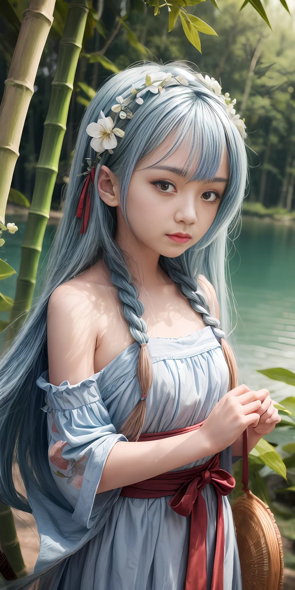 Masterpiece, best quality, official art, 8k wallpaper, highly detailed, illustration, 1 girl, sky blue hair, long hair, detailed eyes, Forrest Gump, bare shoulders, hanfu, lake, pure, soft smile, bamboo, tea