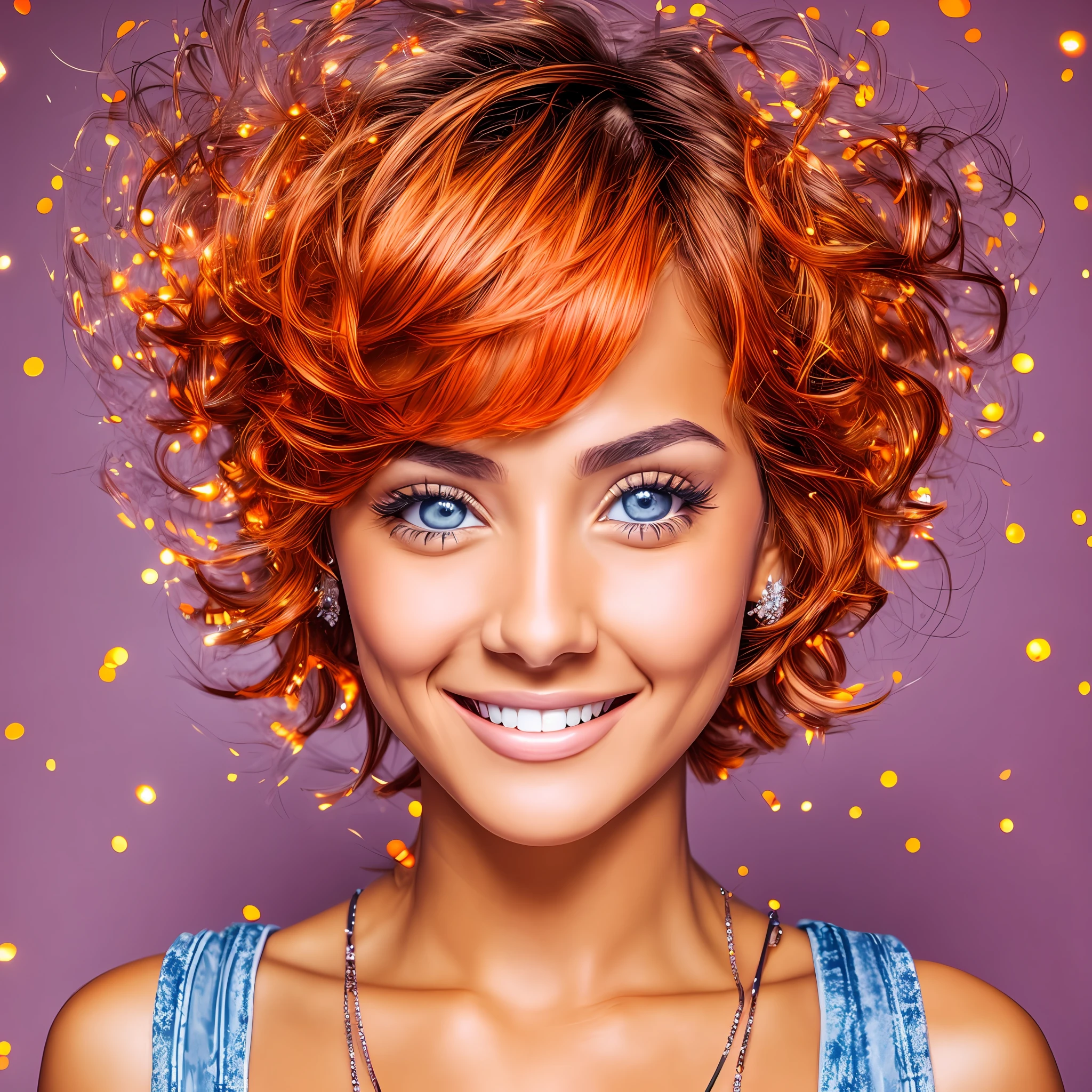 close-up, face of a beautiful woman, orange sparkling eyes iris, messy short hair, smiling happily --auto --s2