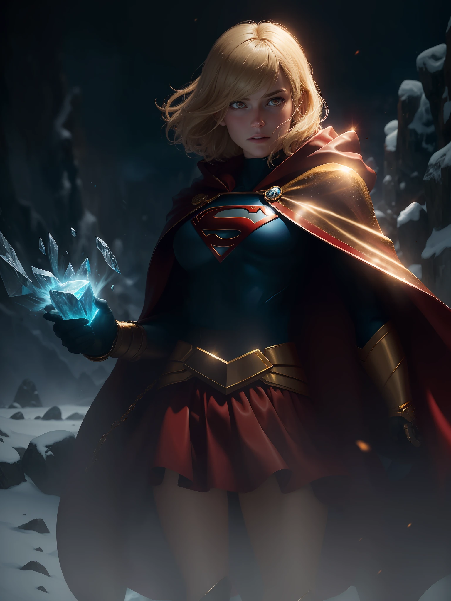 movie scene, dark, close-up half-length, blonde hair, short hair, hair, bangs, movie scene, cold, ice, big ice crystals, cowboy shot, action, strong, beautiful, super girl dc comics, skirt, red and gold cloak, energy, action, impactful