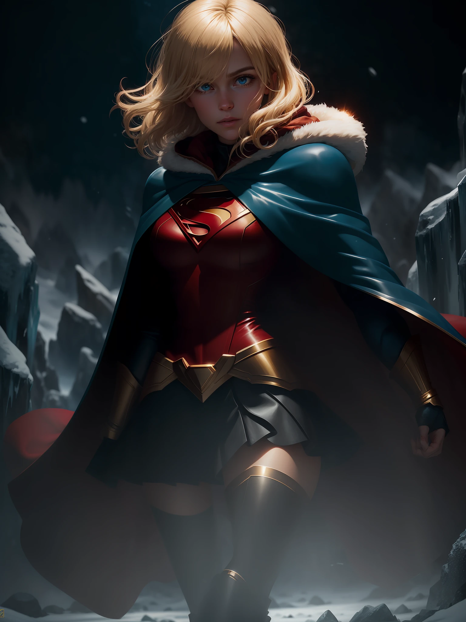 movie scene, dark, close-up half-length, blonde hair, short hair, hair, bangs, movie scene, cold, ice, big ice crystals, cowboy shot, action, strong, beautiful, super girl dc comics, skirt, red and gold cloak, energy, action, impactful