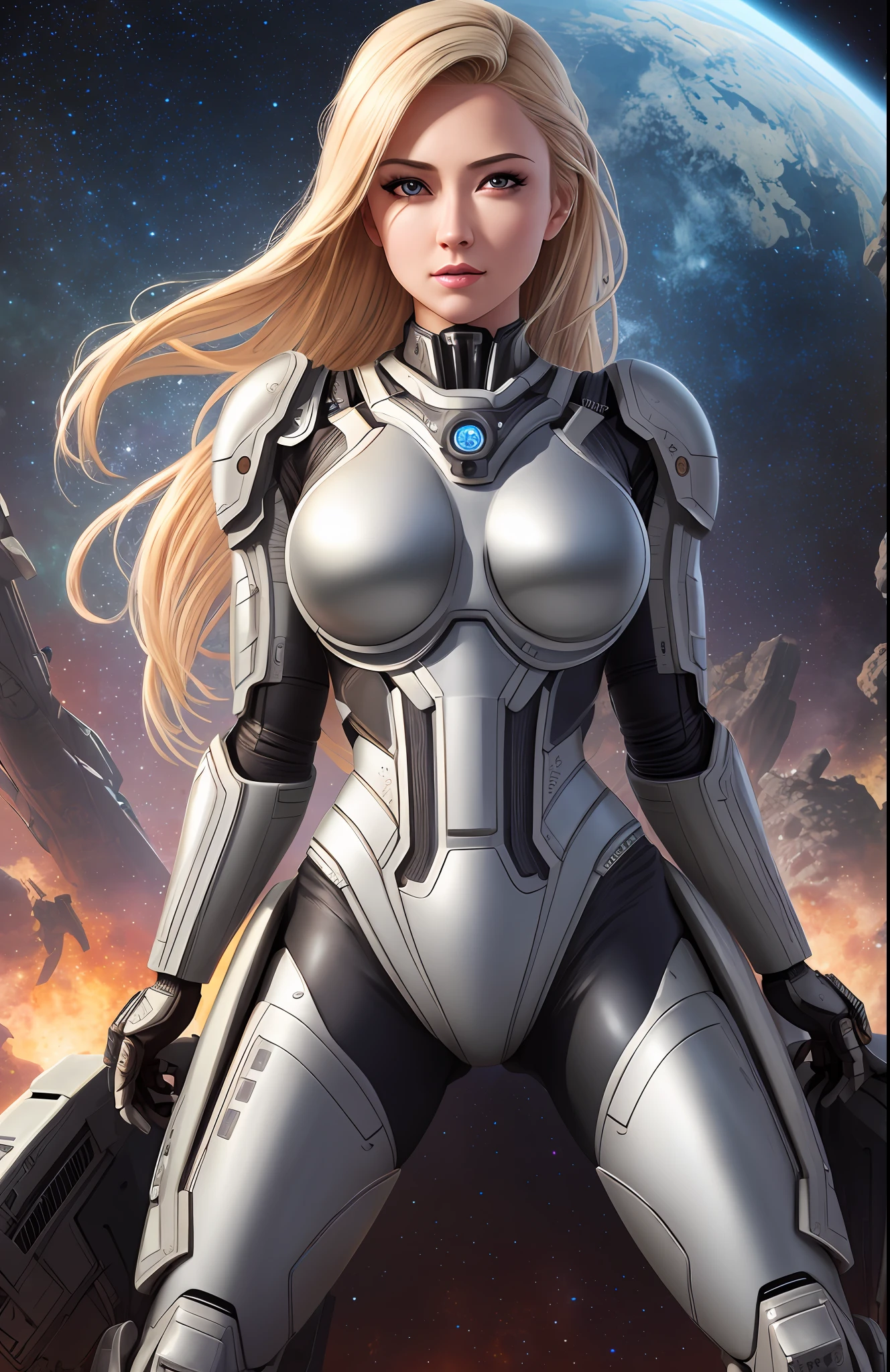 proportional eyes, (realistic:1.5),photorealistic, hyper realistic, extremely detailed, hyper detailed, soft lighting, detailed background, extreme detail background, sharp details, Sci-fi, space, pinup girl, blonde, propaganda poster