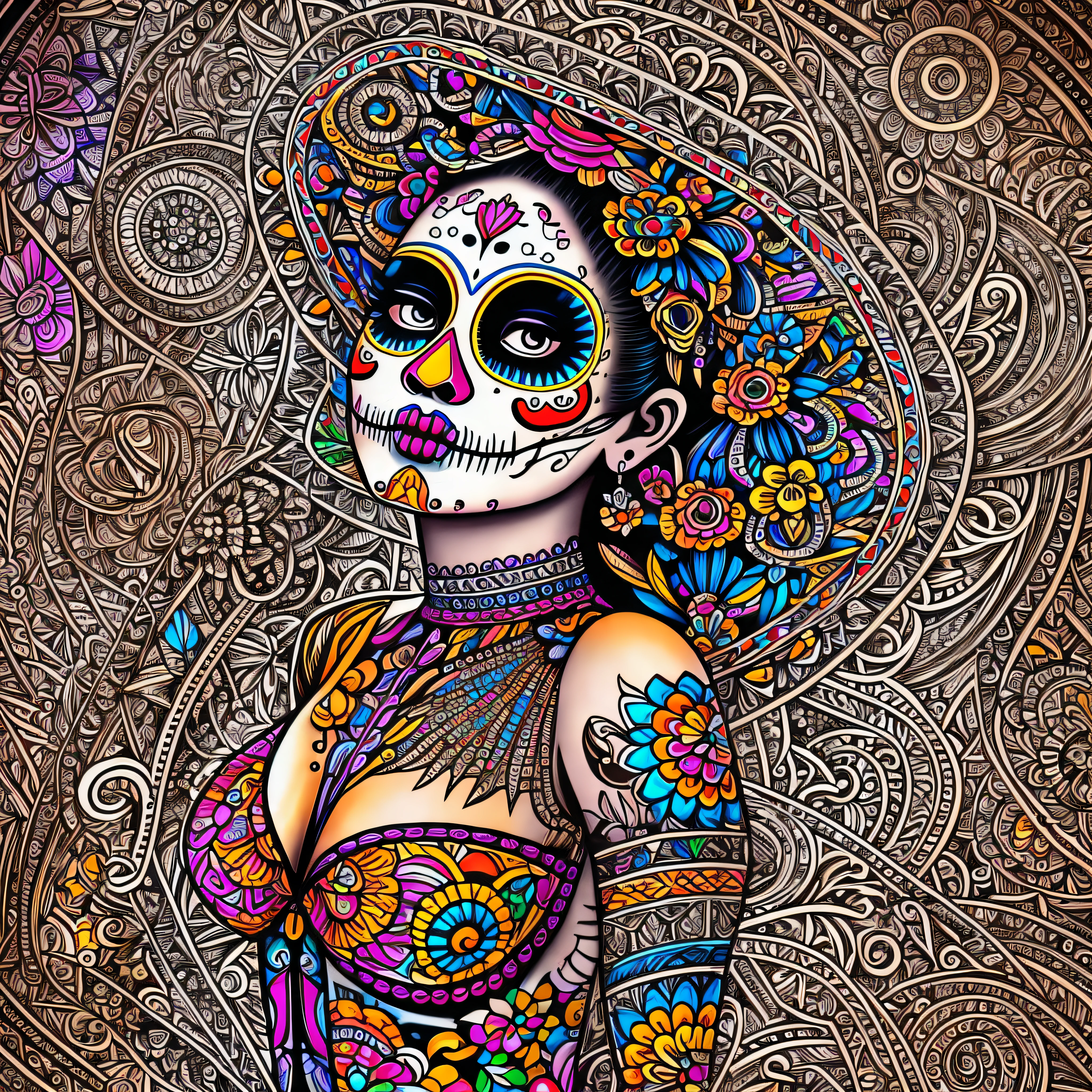 "Elegant Catrina": A highly detailed illustration of Catrina La Muerte, showcasing her intricate and ornate sugar skull makeup, adorned with vibrant colors, delicate patterns, and floral decorations, capturing the elegance and beauty of the iconic Mexican symbol, Surrealism, color field printing, high detail, UHD, 8k, anatomically correct, cinematic lighting 4d quality --auto --s2