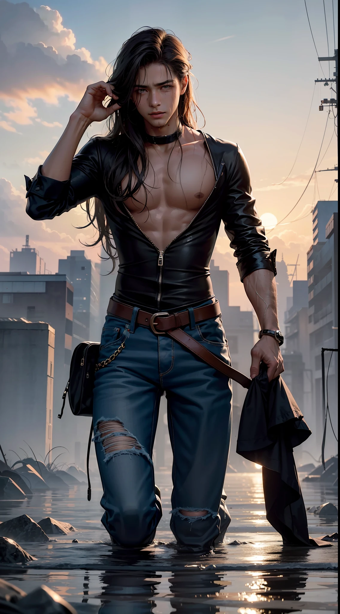 Best Quality, Masterpiece, Ultra High Resolution, (Fidelity: 1.4), Photos, 1 Handsome Long Hair (((Boy)))), Dim, Darkness, Lightning, Despair, Pathese, Movie, Tears, Teardrops, ((Men)), (Torn Clothes: 1.5), (Wet Clothes: 1.4), Kneeling on the Ground, Saving Yourself, Biting Lower Lip, Bare Shoulders, Real Rain, Wet Hair, (((Men)))