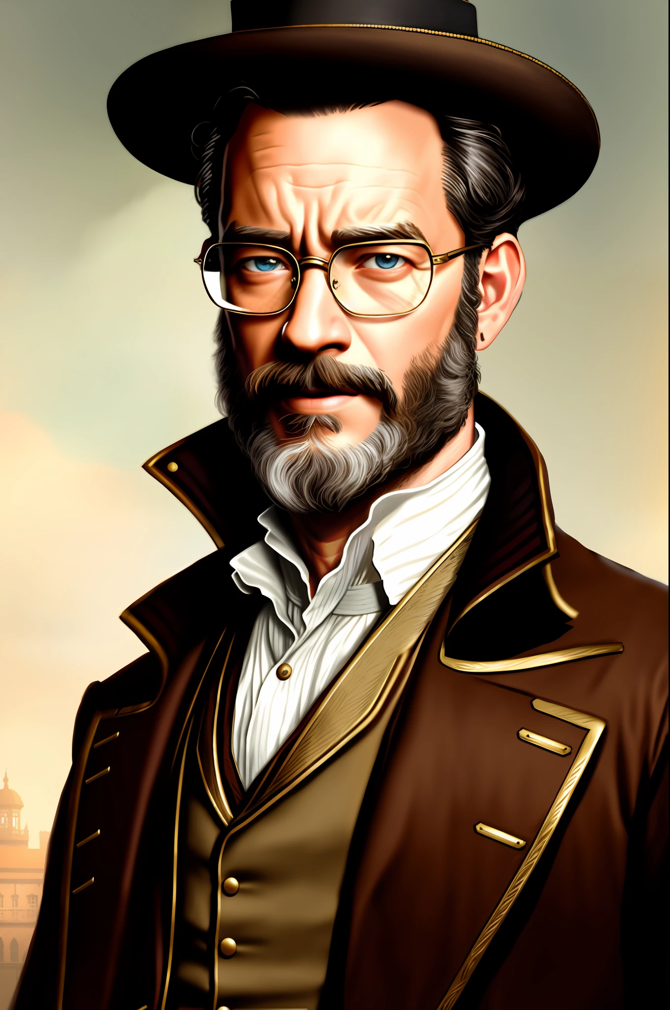 Portrait of a rugged 19th century Tom Hanks with mutton chops on a jacket, Victorian, concept art, detailed face, costume, closed face, highly detailed, cinematic lighting, digital art painting by Greg Rutkowski Highly detailed, Artstation, smooth, highest quality, detailed background, large glasses and discreet smile
