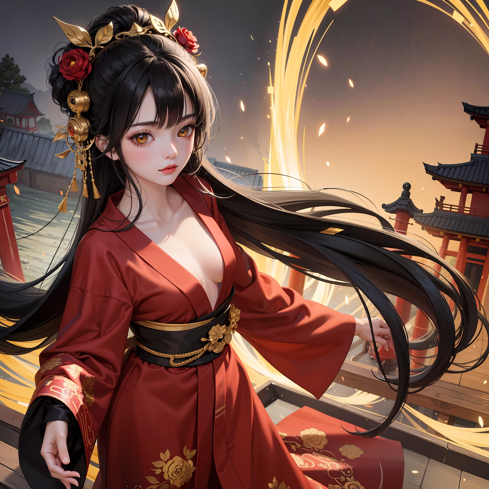 masterpiece, best quality, ultra-detailed, absurdres, 1girl, yellow eyes, black hair, long hair, floating hair, detailed eyes, wide-eyed, eyelashes, looking at viewer, torii, red theme, kimono, walking, particles