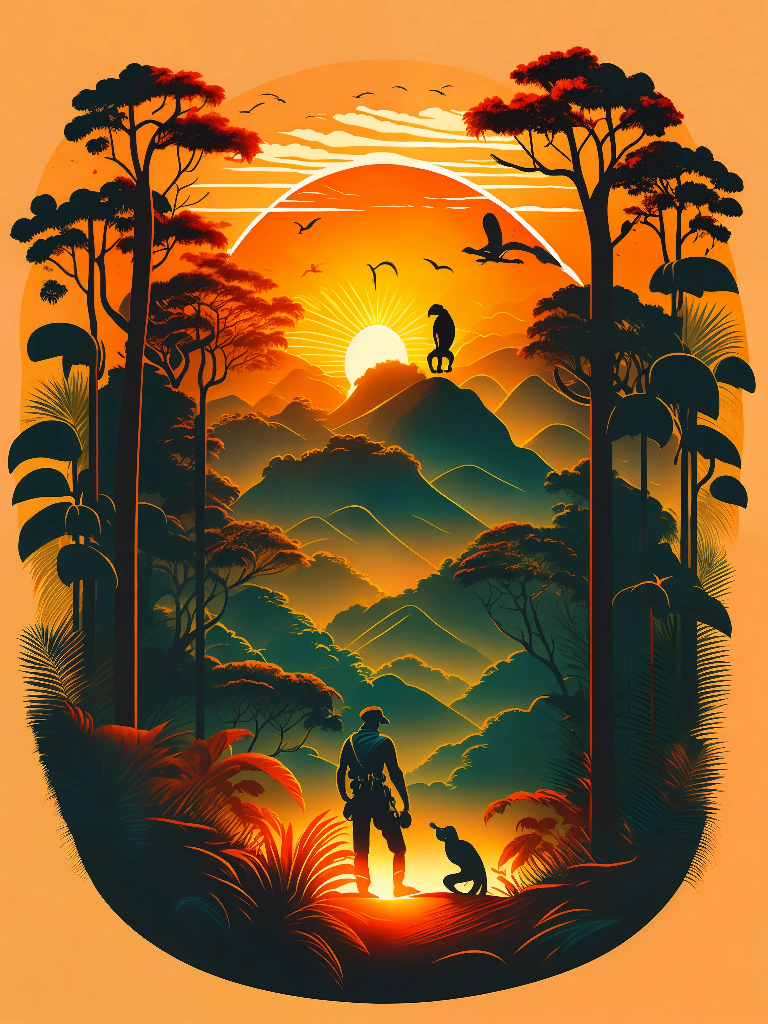 Amazon rainforest with climbing climber, sunset landscape, jaguars, macaws and monkeys in the landscape, T-shirt design, vector art,