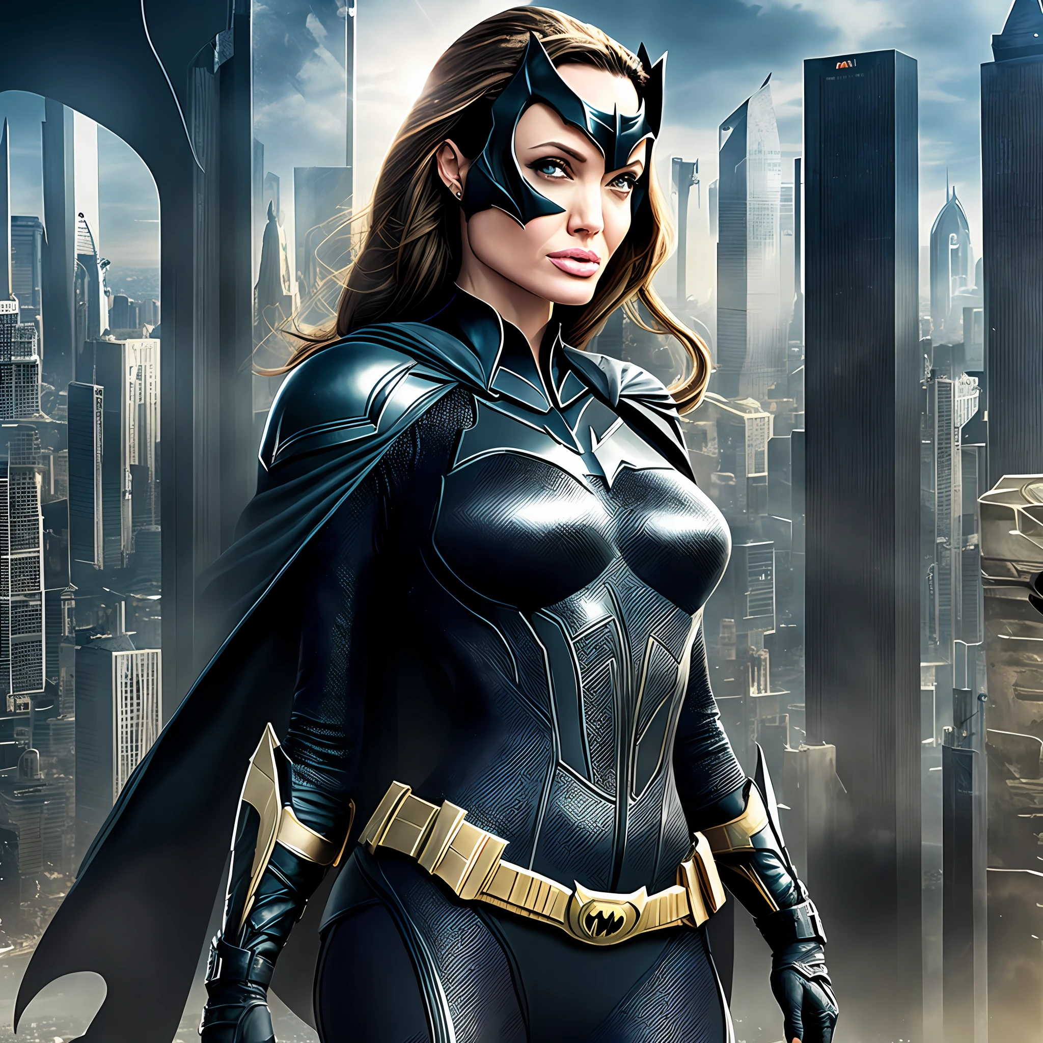 Angelina Jolie, dressed in Batman uniform, city in the background, high resolution --auto --s2
