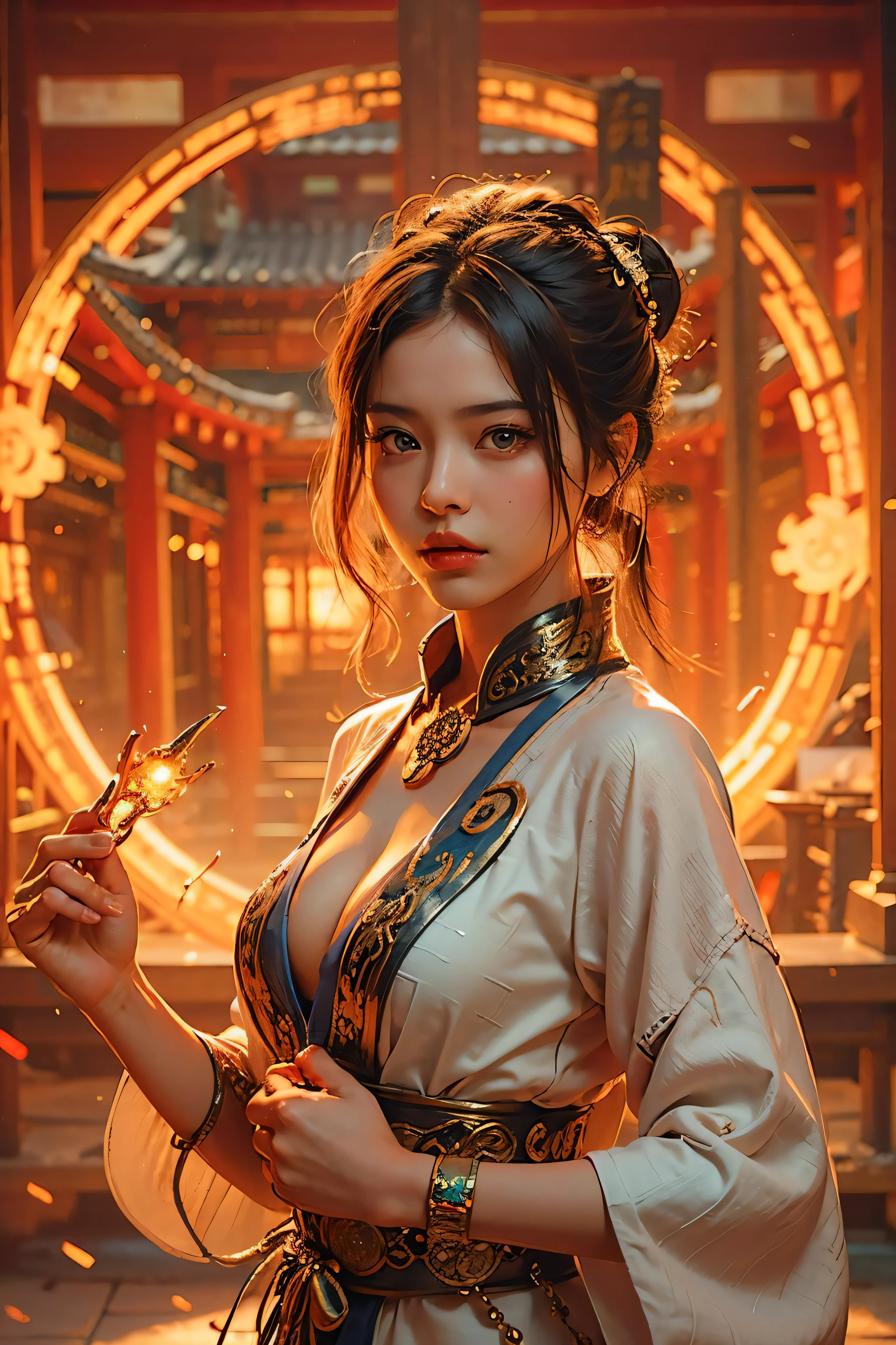 Best quality,masterpiece,ultra high res,(photorealistic:1.4),xiuxian,weapon,Detailed face,
1girl,solo,weapon,cleavage,(magic circle:1.2),xiuxian,upper body,Beautiful girl,full body,east asian architecture,sheath,architecture,