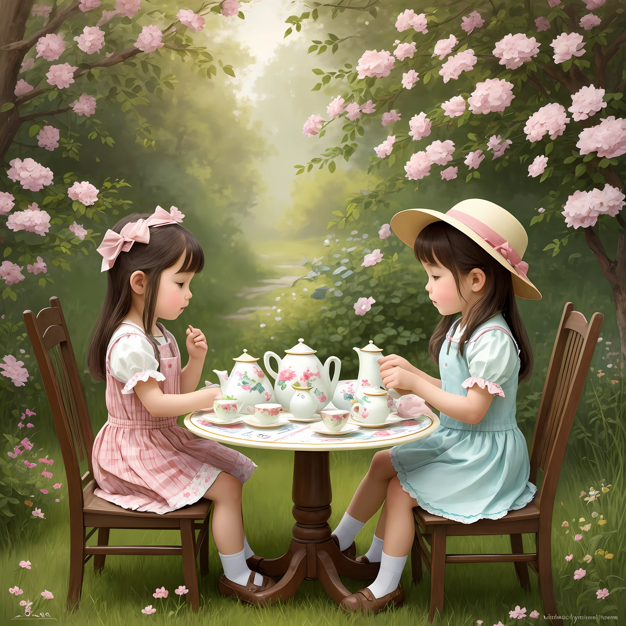 A lovely folk art representation depicting a little girl playing afternoon tea. The image conveys a sense of nostalgia and simplicity, with the girl sitting at a small table covered in a fabric printed with folk patterns. She holds an imaginary cup of tea, while her tea toys, such as teapot, cups and plates, are carefully arranged around her. Flowers and natural elements decorate the scene, adding a touch of charm and connection with nature. The art is executed in a typical folk art style, with soft colors and simple strokes, capturing the essence of childhood and the beauty of simple moments. This charming image evokes a sense of nostalgia and invites viewers to enjoy the afternoon tea prank. --auto --s2