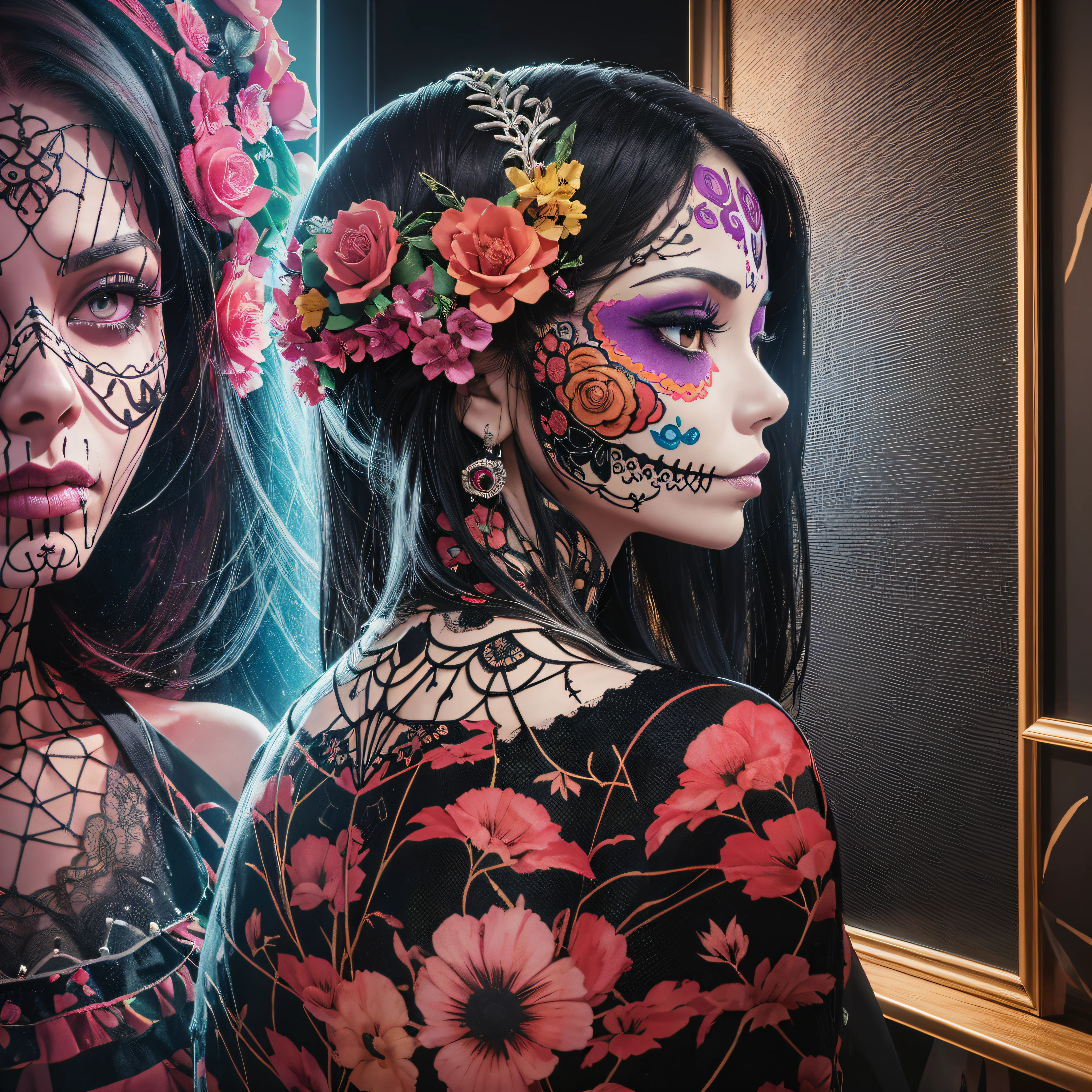 "Catrina's Reflection": A reflective composition capturing Catrina La Muerte gazing into a mirror, revealing a blend of her vibrant, living self and her skull visage, symbolizing the introspection and contemplation of mortality, Surrealism, color field printing, high detail, UHD, 8k, anatomically correct, cinematic lighting 4d quality --auto --s2