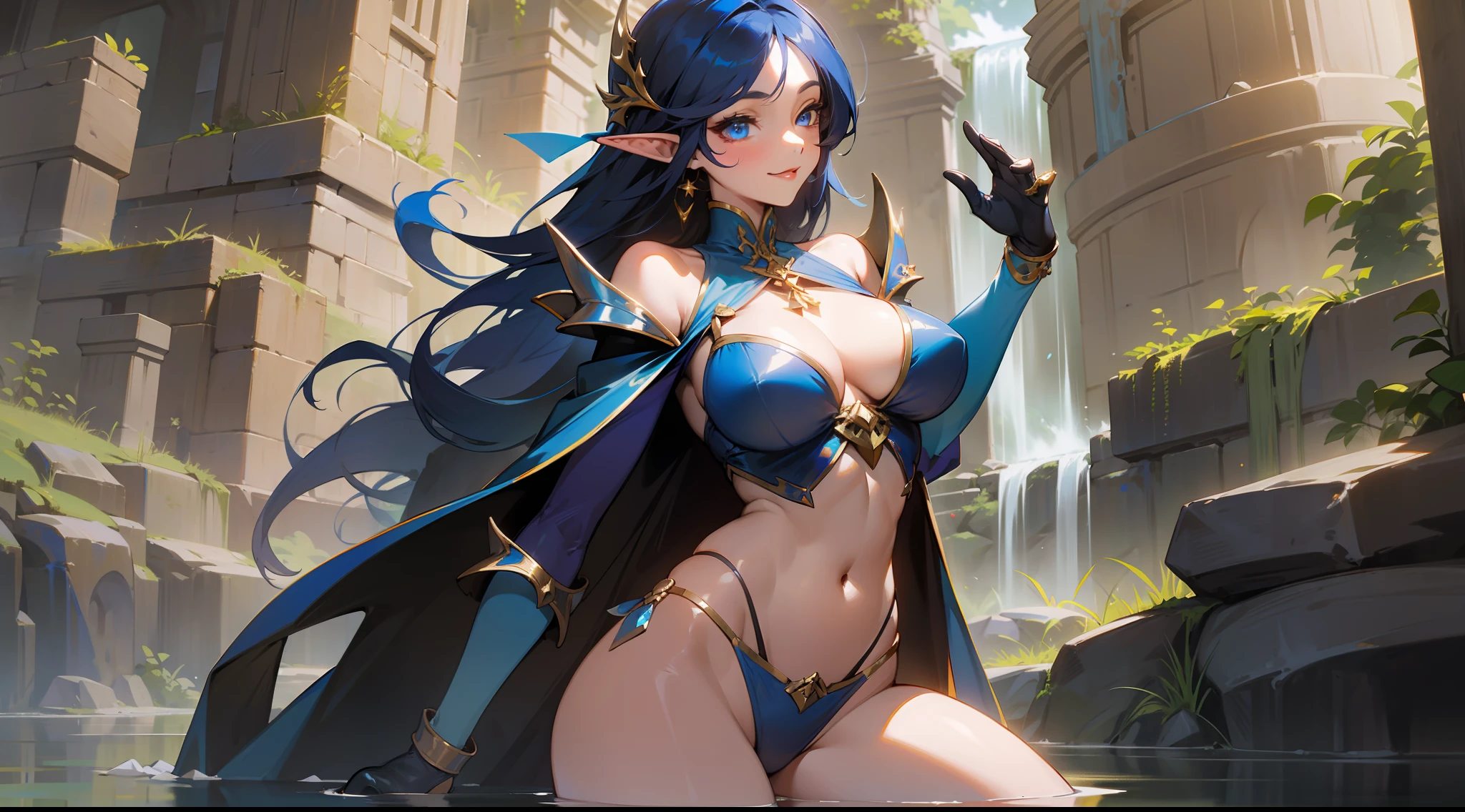 masterpiece, best quality, mature woman, elf, dark blue hair, 80's, smiling, medium breasts, exposed thighs, exposed navel, exposed arms, bikini, big shoulder pad, gloves, cinnamon height boots, can dynamic, in a stone dungeon, dark, nocturnal setting, fantasy, medieval, sorceress, water magic, well detailed glow, oil painting.