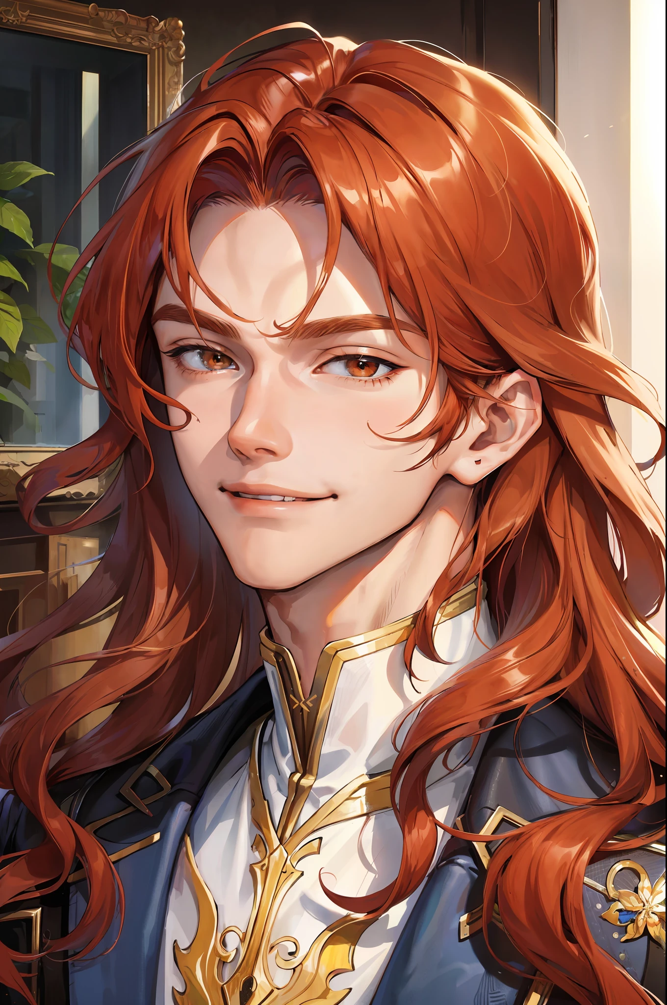 (masterpiece, best quality), 1boy, young male, tall muscular, handsome, smile, closed mouth, portrait, extremely detailed face, (long wavy hair), (ginger hair)