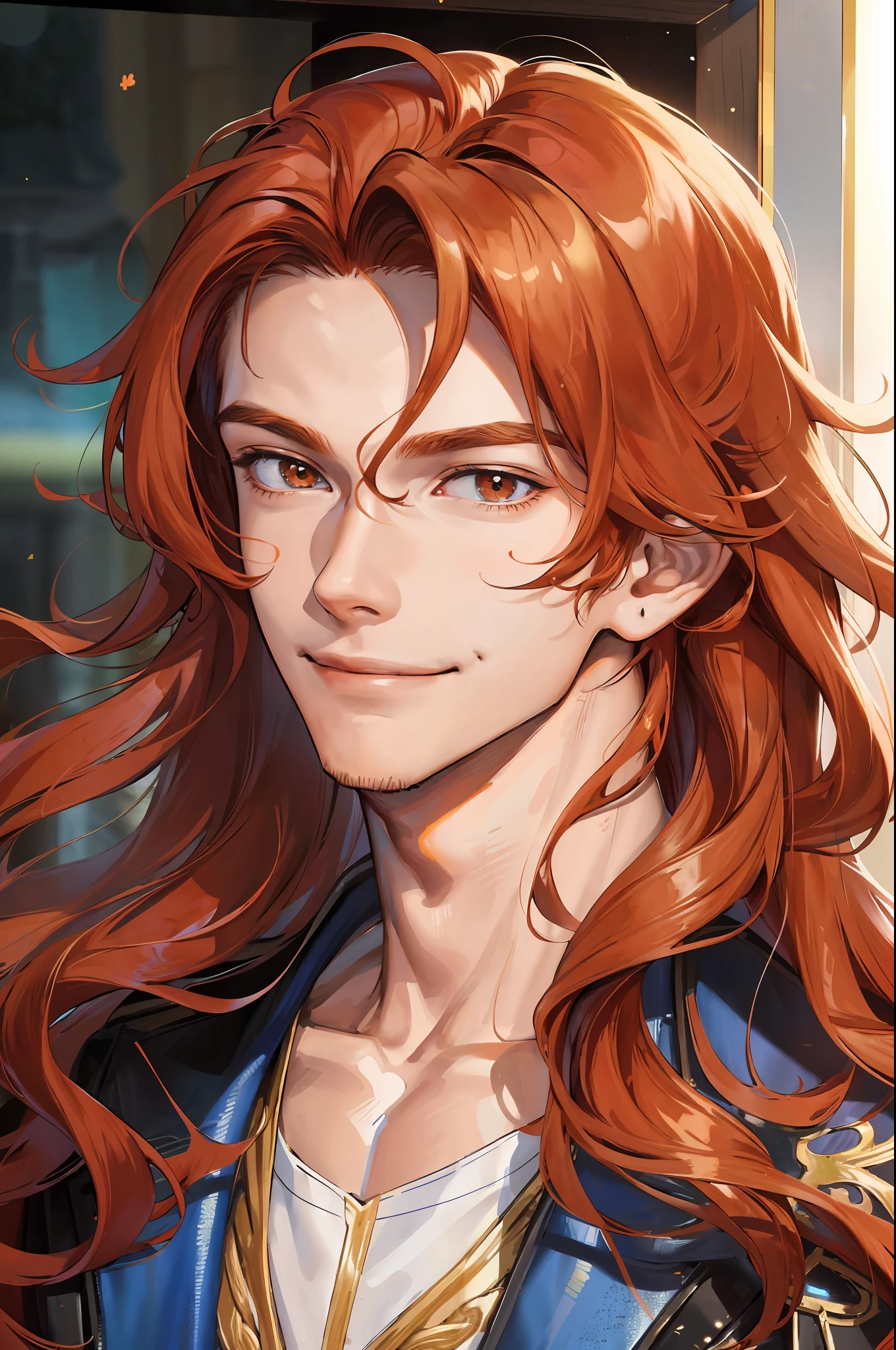 (masterpiece, best quality), 1boy, young male, tall muscular, handsome, smile, closed mouth, portrait, extremely detailed face, (long wavy hair), (ginger hair)