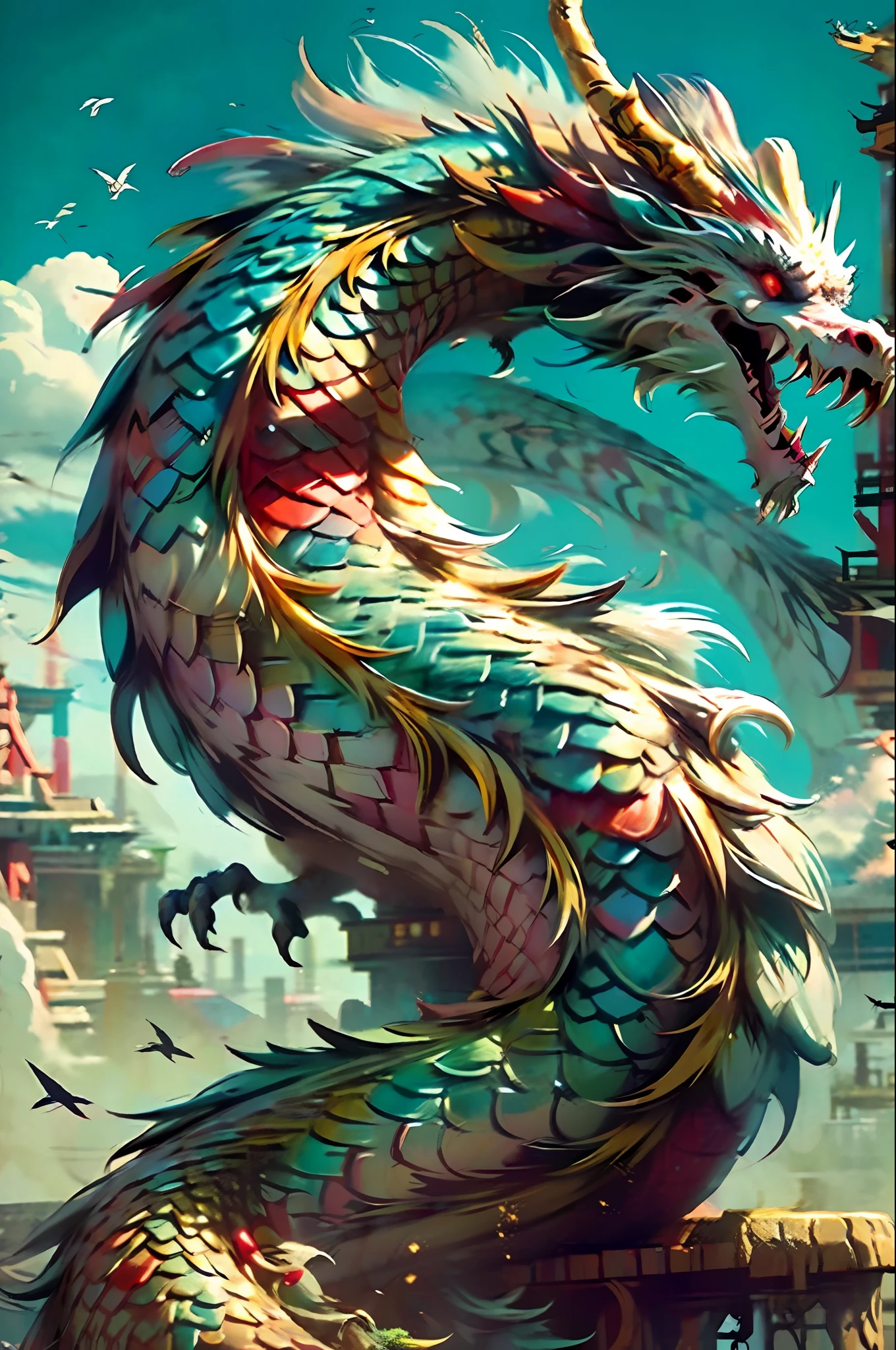 Best quality, masterpiece, super high resolution, no human, (length: 1.2), long hair, sharp teeth, red eyes, teeth, giant, 1 girl, bird, outdoor, standing, scale, cloud, horn, from behind, armor, sky, open mouth, monster, size difference, white hair, architecture, (realistic texture: 1.2), (glowing multicolored scales: 1.2), HDR, super refined 3D modeling