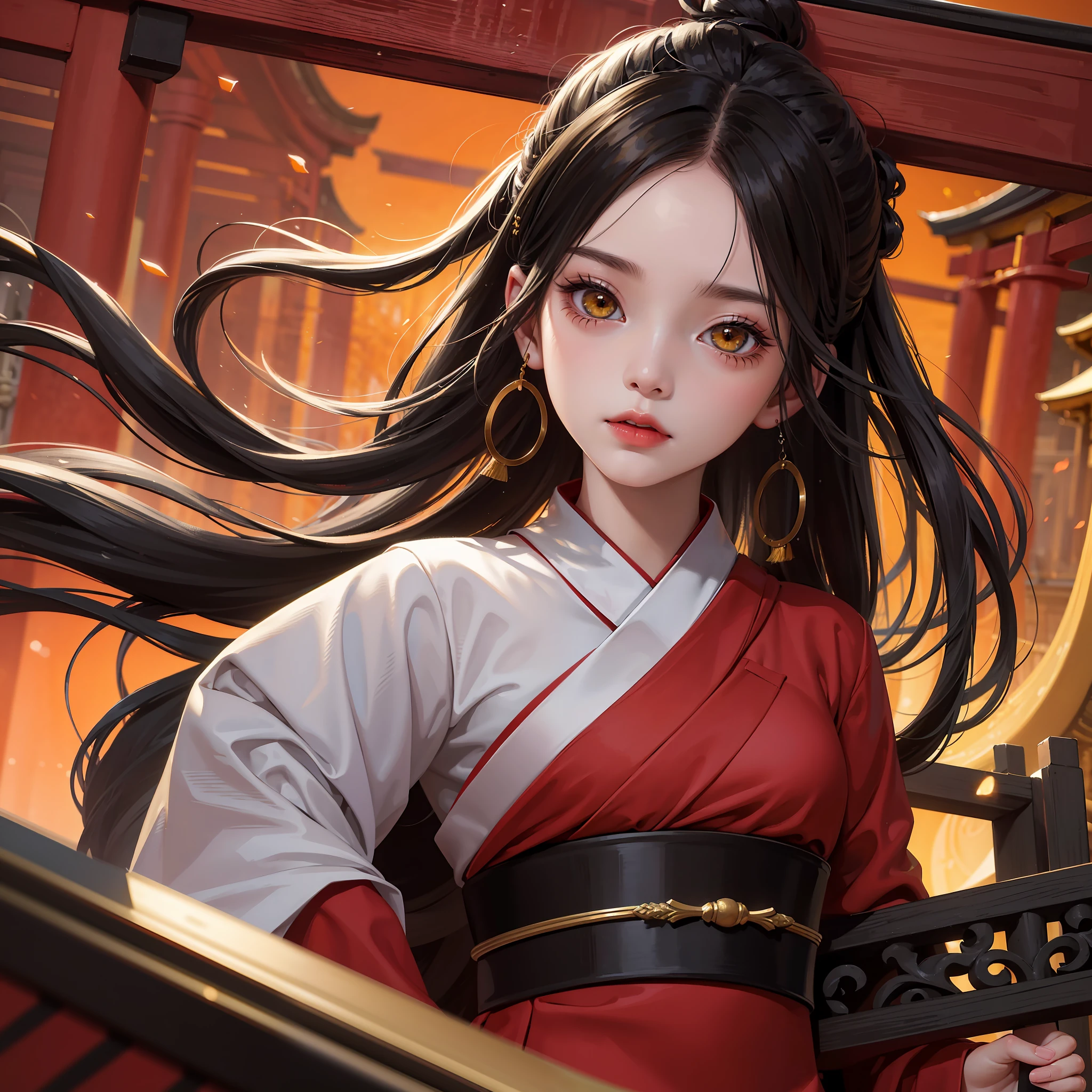 masterpiece, best quality, ultra-detailed, absurdres, 1girl, yellow eyes, black hair, long hair, floating hair, detailed eyes, wide-eyed, eyelashes, looking at viewer, torii, red theme, kimono, walking, particles