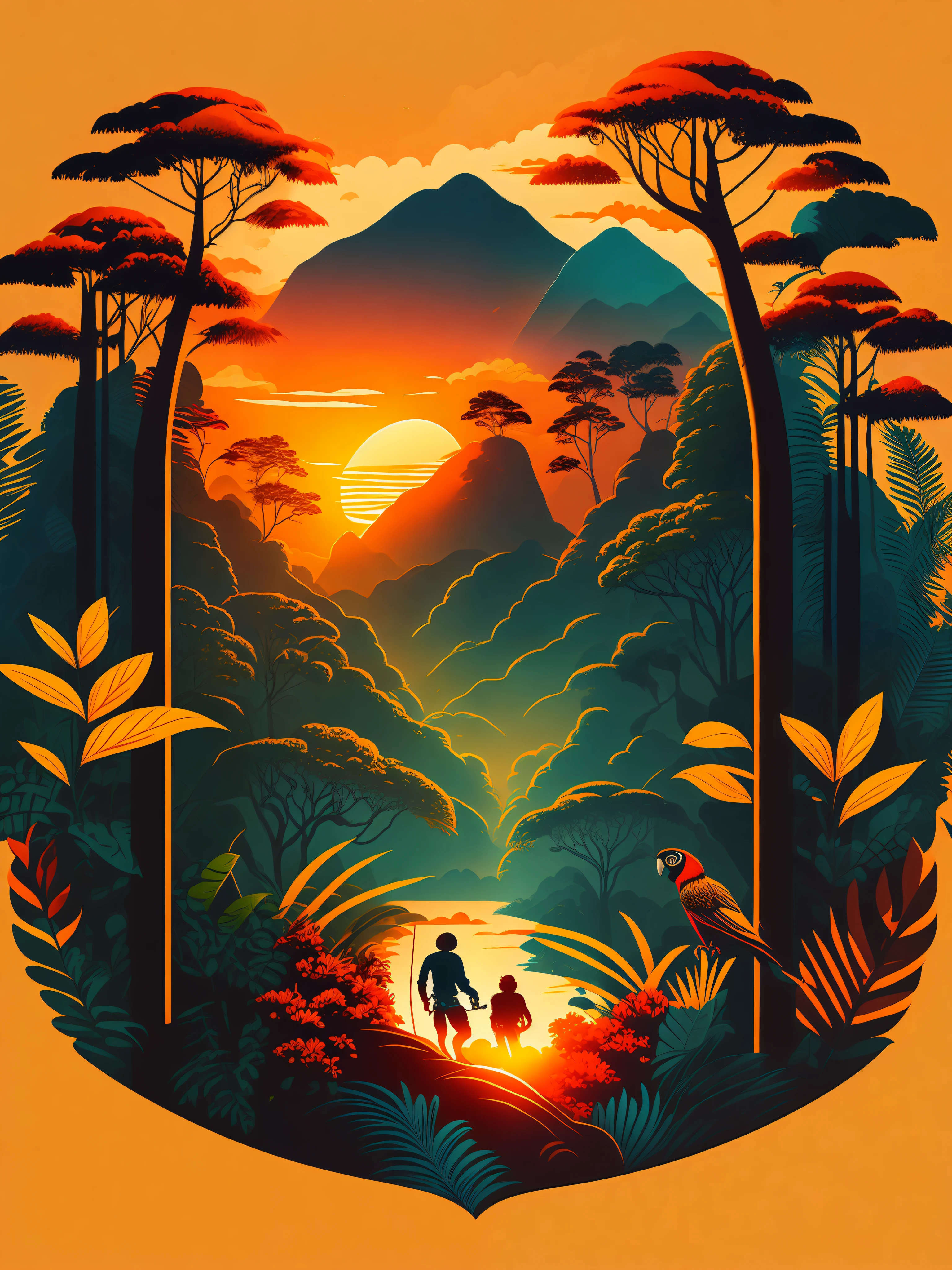 Amazon rainforest with climbing climber, sunset landscape, jaguars, macaws and monkeys in the landscape, T-shirt design, vector art,