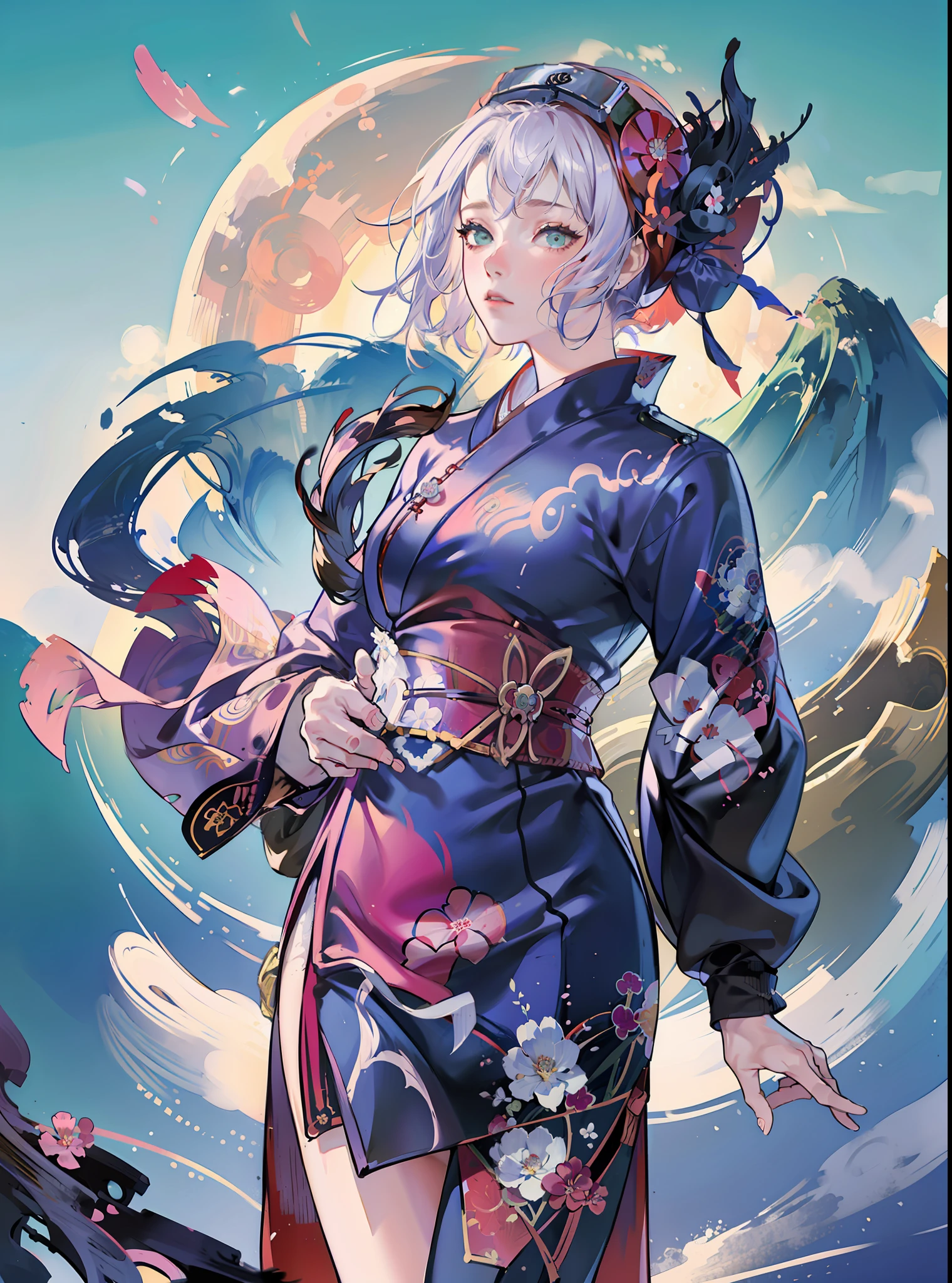 16 years old Chinese girl, portrait of a woman standing, Japanese multi-colored kimono, cherry blossom bloom, geisha style, wave background painting and sky background of clouds and mountains, ((Full Moon)), (Kanagawa Surf), (by Atey Ghailan, Jeremy Mann, Greg Manchess, Antonio Moro), Trends on ArtStation, Trends on CGSociety, Intricate, High Detail, Sharp focus, dramatic, photorealistic painting art by midjourney, by (Katsushika Hokusai)) --auto --s2