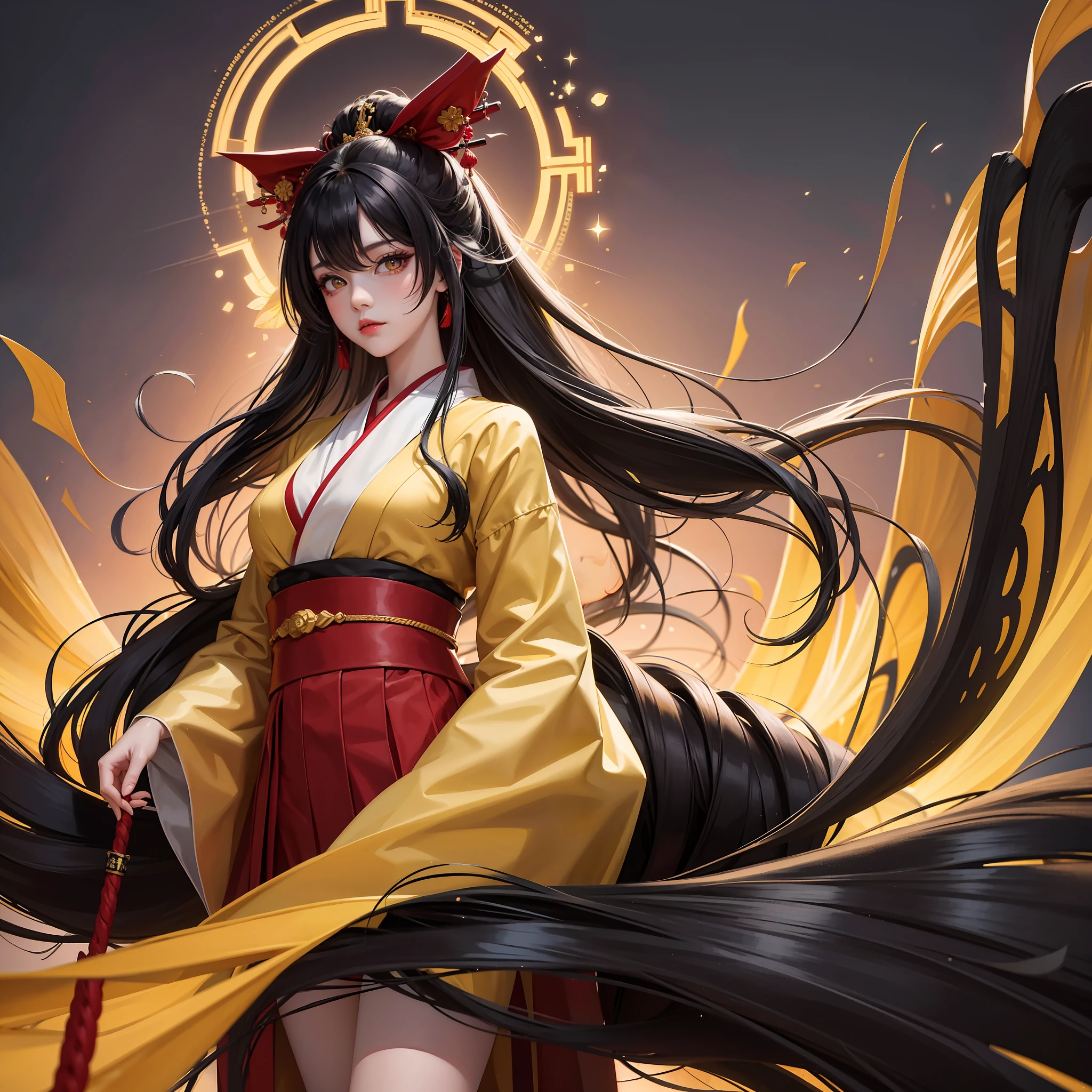 masterpiece, best quality, ultra-detailed, absurdres, 1girl, yellow eyes, black hair, long hair, floating hair, detailed eyes, wide-eyed, eyelashes, looking at viewer, torii, red theme, kimono, walking, particles