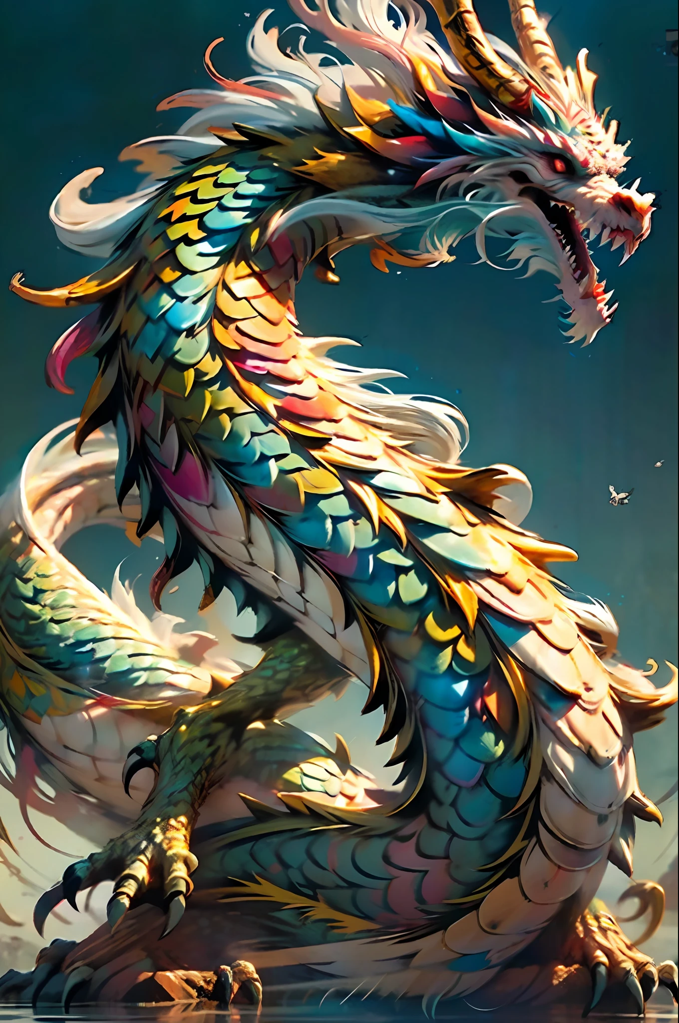 Best quality, masterpiece, super high resolution, no human, (length: 1.2), long hair, sharp teeth, red eyes, teeth, giant, 1 girl, bird, outdoor, standing, scale, cloud, horn, from behind, armor, sky, open mouth, monster, size difference, white hair, architecture, (realistic texture: 1.2), (glowing multicolored scales: 1.2), HDR, super refined 3D modeling