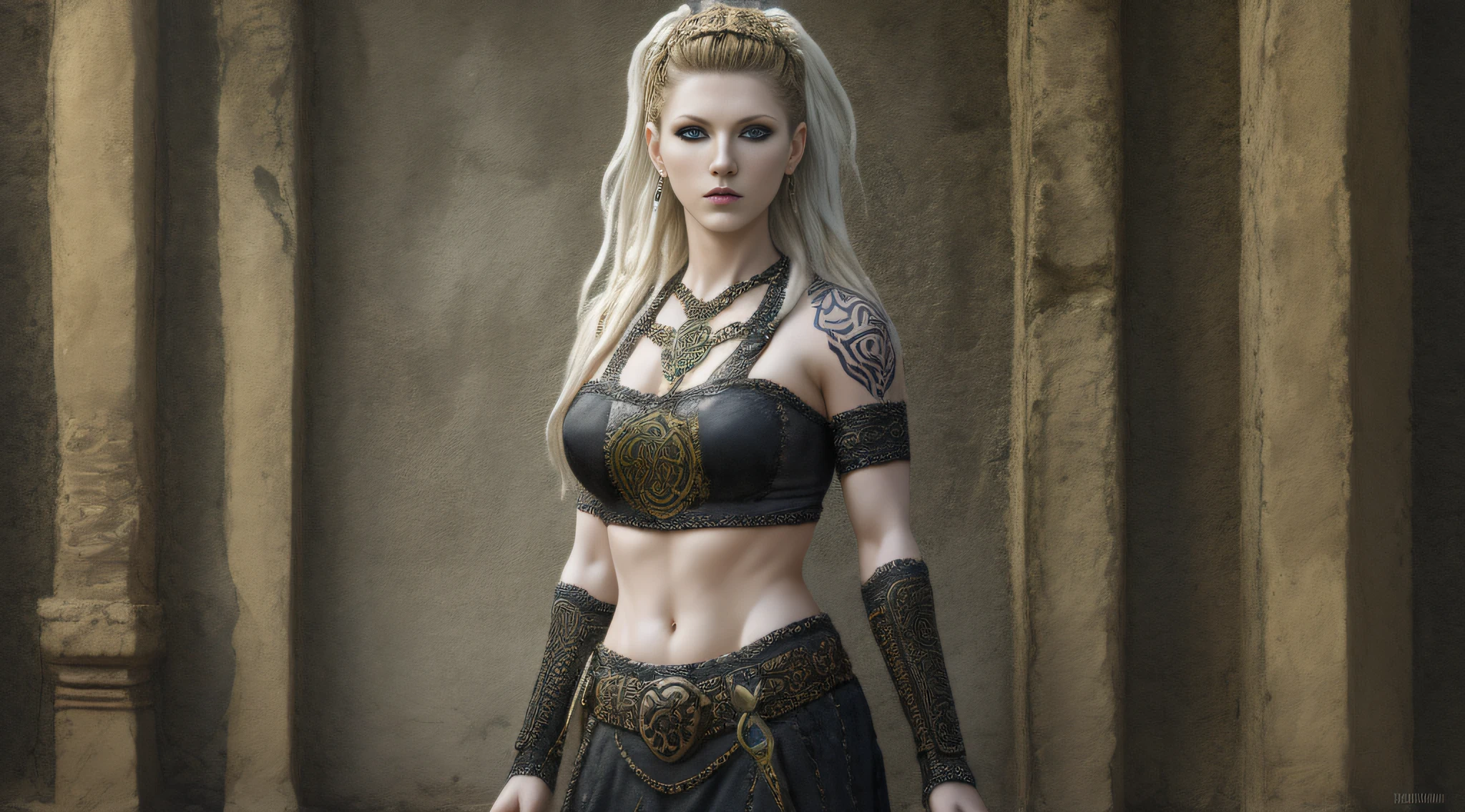 A very beautiful woman, a Celtic warrior, is inside an ancient temple, white and black clothes with design of Celtic symbols, Celtic tattoos for the body. colorful, two-dimensional