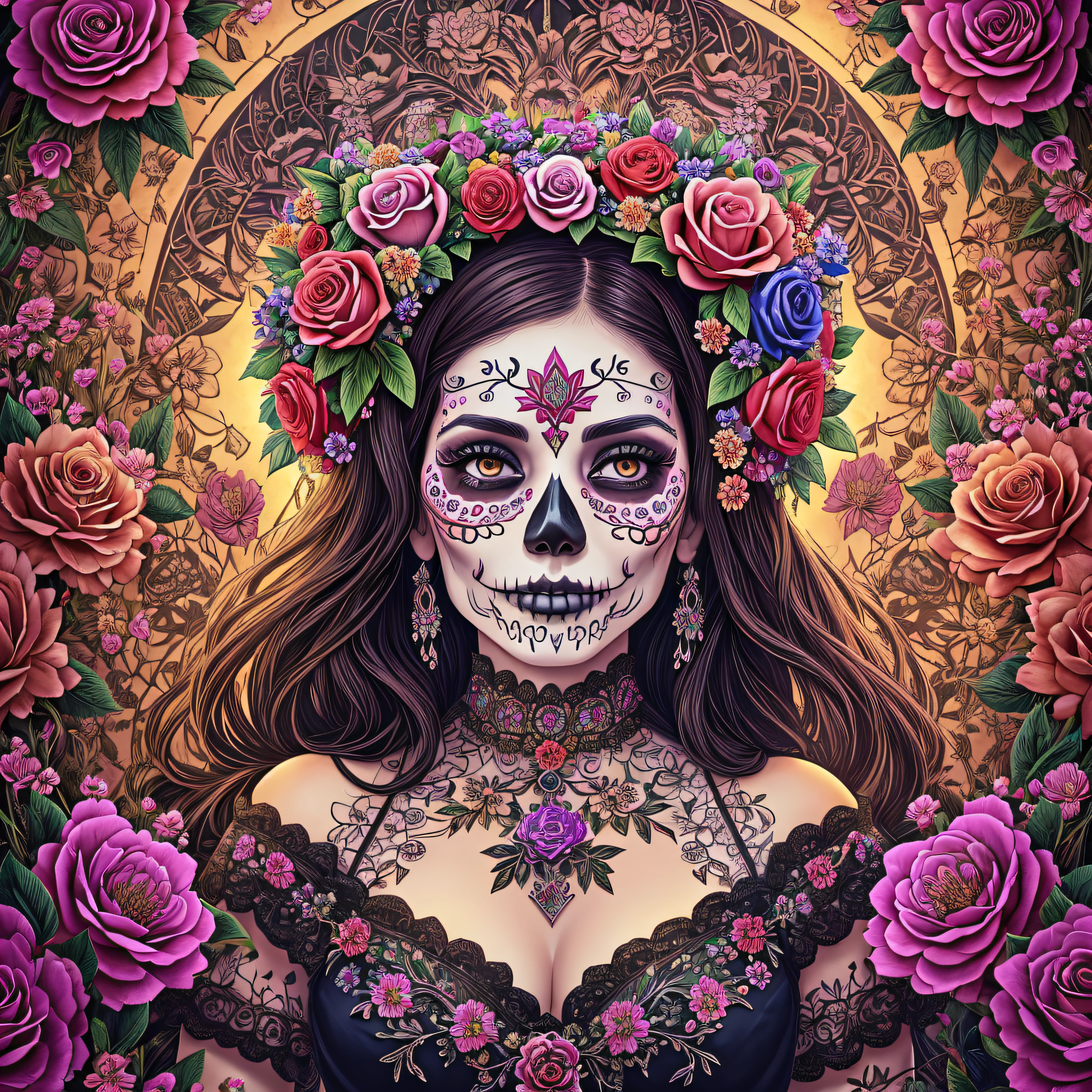 "Floral Crown": A detailed image showcasing Catrina La Muerte wearing an elaborate floral crown, adorned with vibrant blooms and delicate petals, representing the connection between life, beauty, and the cycle of nature, Surrealism, color field printing, high detail, UHD, 8k, anatomically correct, cinematic lighting 4d quality --auto --s2