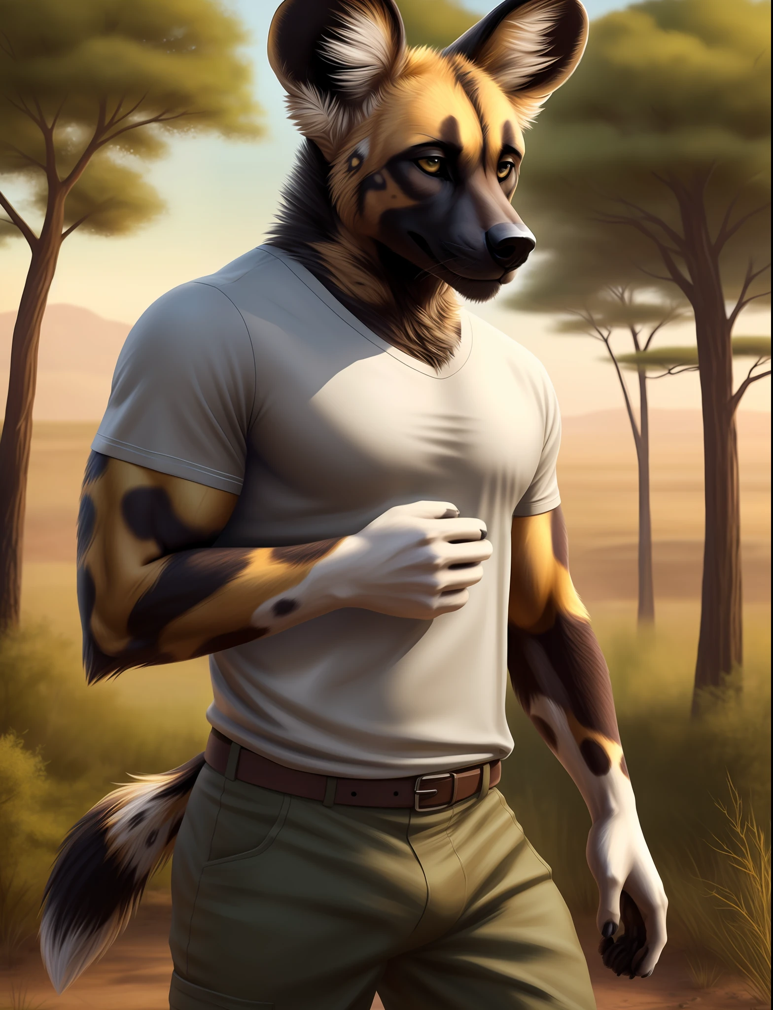 anthro, african wild dog, male, adult, muscular, pants, t-shirt, (realistic fur, fur, realistic fur texture:1), detailed background, wilderness background, photorealistic, hyper realistic, ultra detailed,