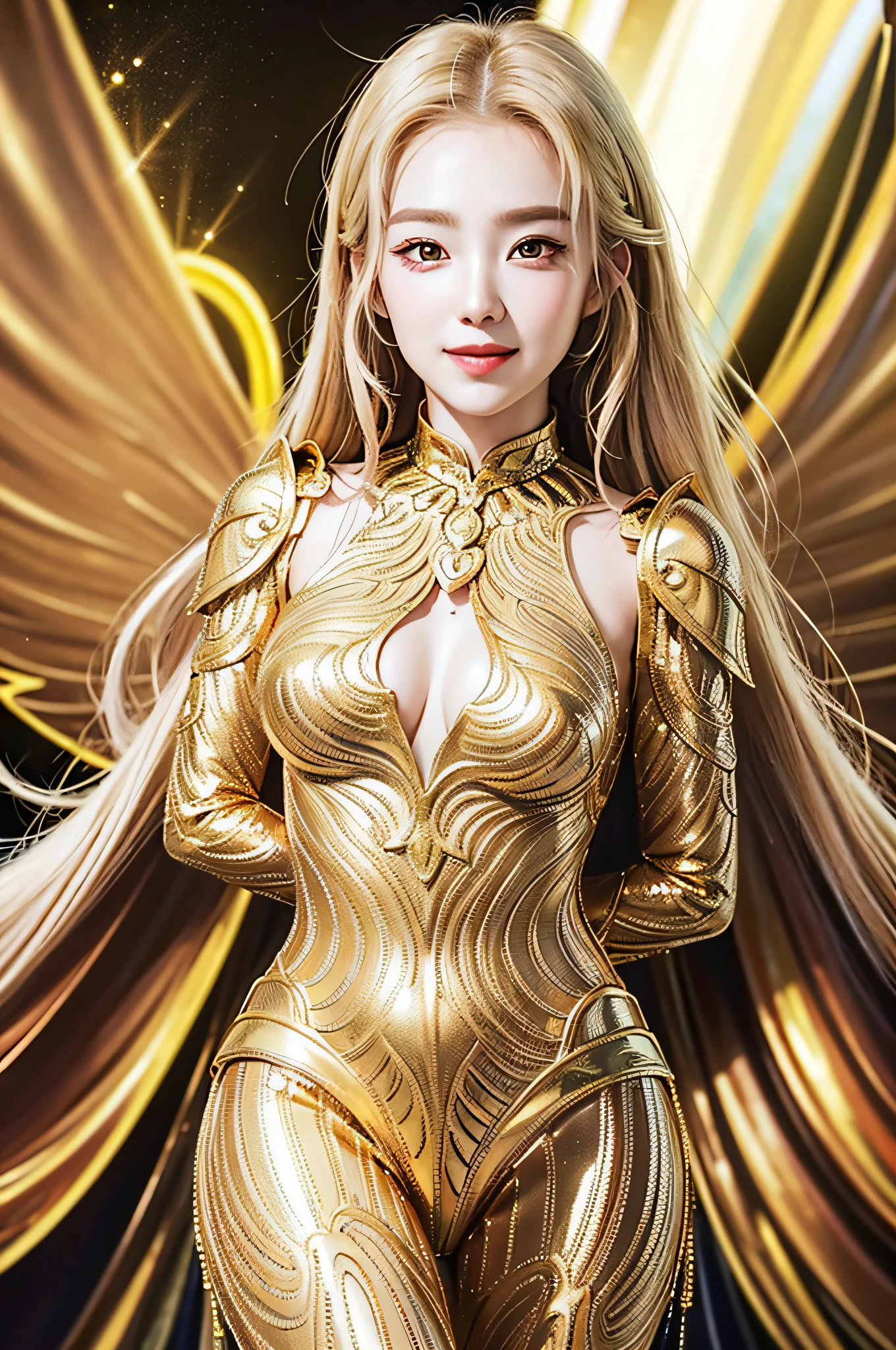 Golden diamond armor, long blonde hair, golden pupils, golden light background, golden transparent wings, diamond texture, smiling, golden eyes, flashing golden notes around, maiden, golden starlight, dazzling