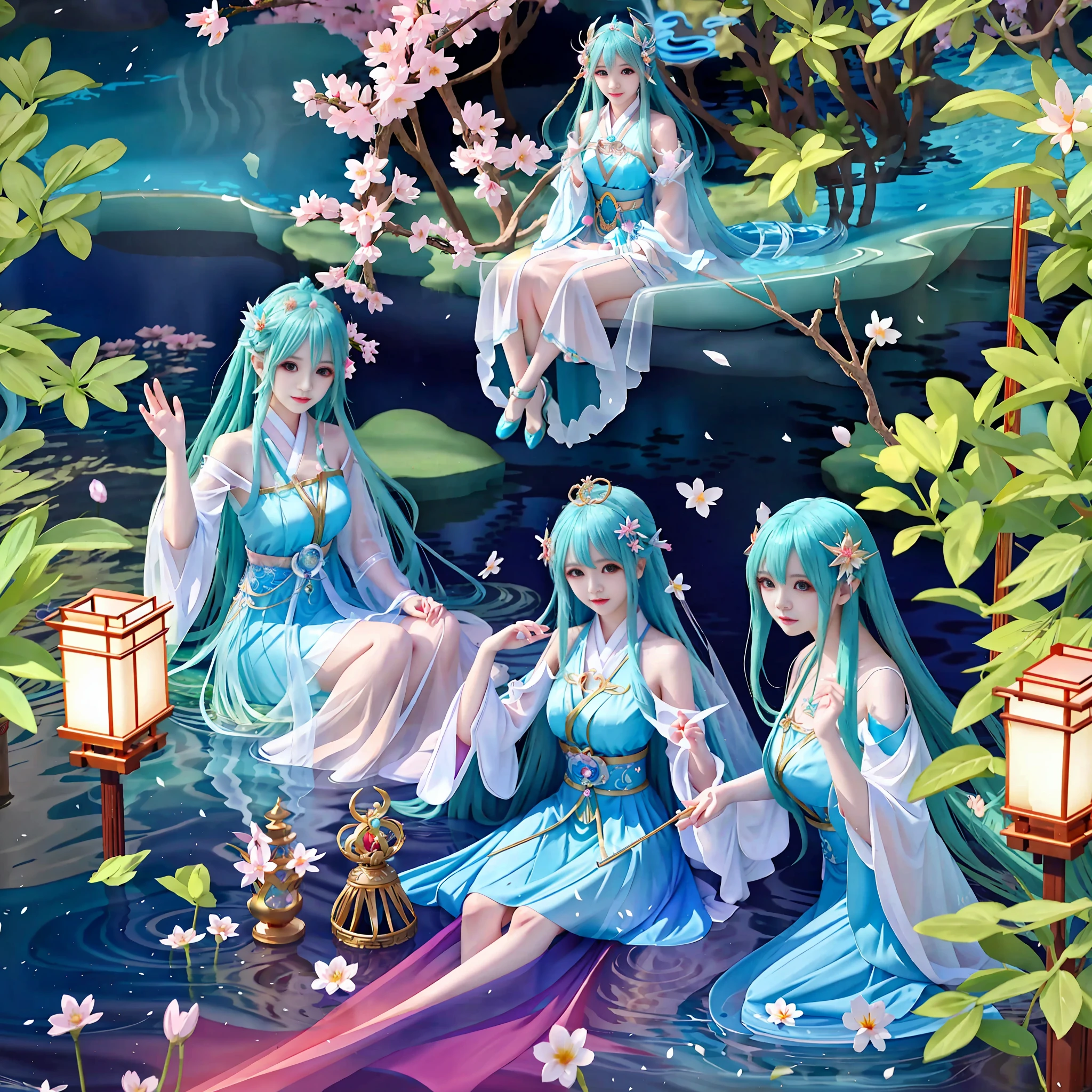 Four different shapes and different countries dressed girls in the water, anime girl cosplay, beautiful girl, beautiful fantasy girl, anime goddess, beautiful fantasy queen, spring goddess, anime role play, asian female water elemental, japanese goddess, fantasy beauty, chinese fantasy, water fairy, ethereal beauty, beautiful goddess, cosplay photos, middle metaverse