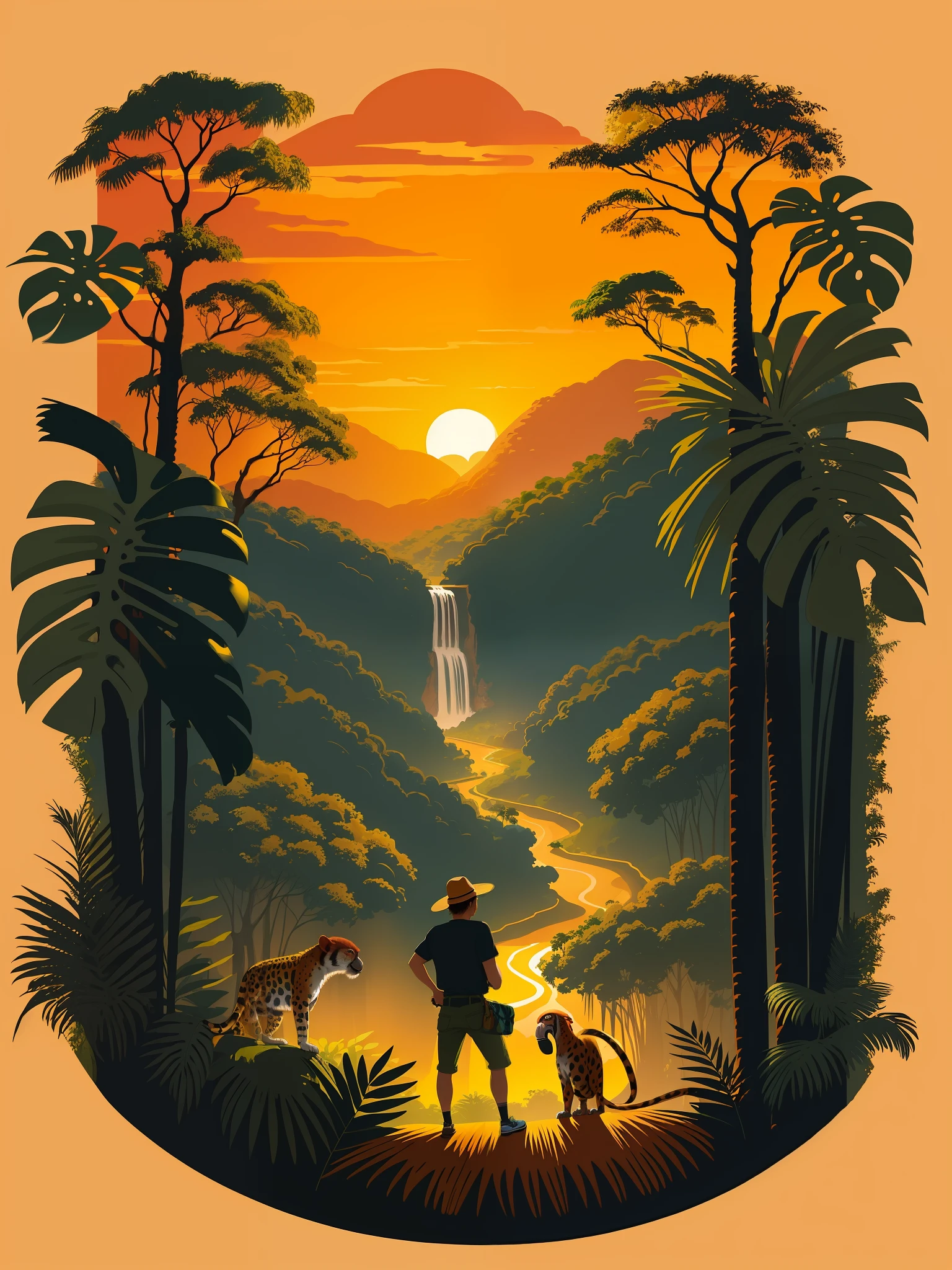Amazon rainforest with climbing climber, sunset landscape, jaguars, macaws and monkeys in the landscape, T-shirt design, vector art,
