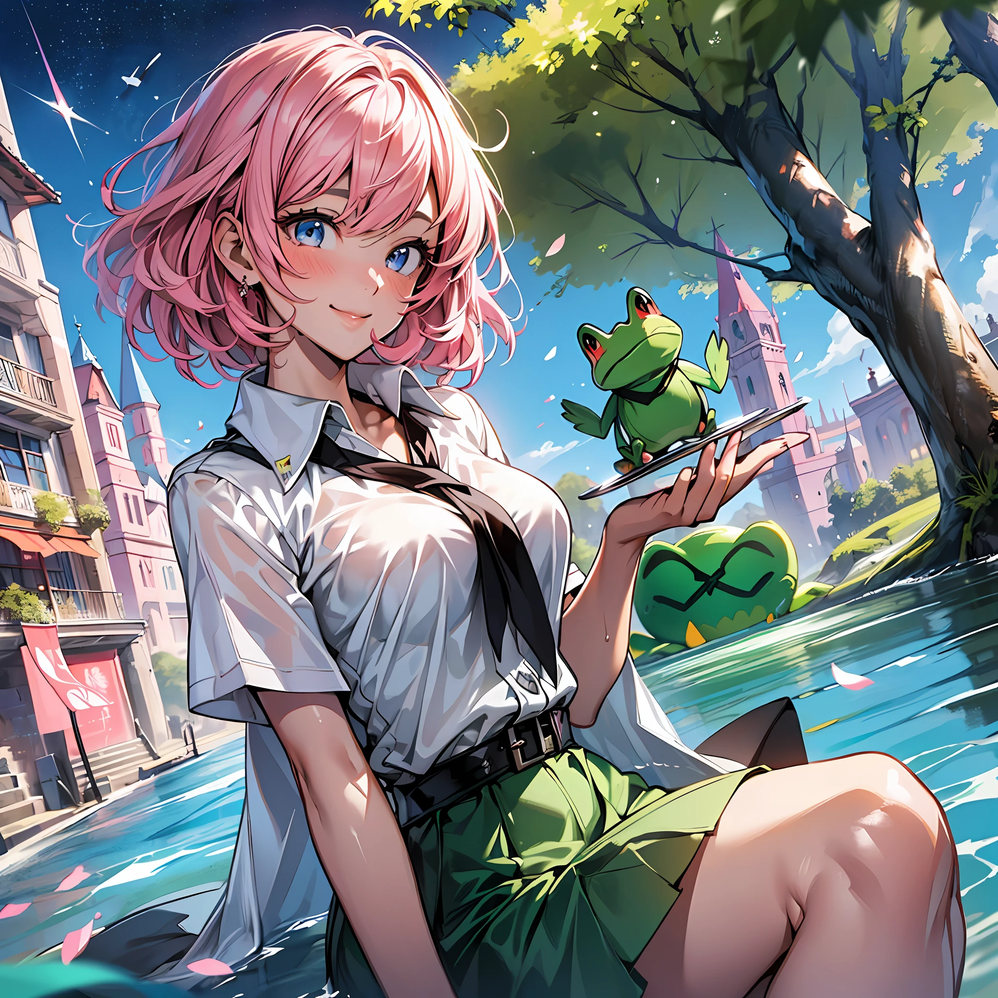 (8K, Best Quality, Masterpiece: 1.2), (Realistic, Photorealistic: 1.37), Ultra High Definition, 1 Girl, Cute, Solo, Beautiful Fine Sky, Sitting, Date, (Blushing), (Smile: 1.15), (Mouth Closed) Big breasts, beautiful eyes in every detail, (Shirt with collar: 1.1), (Short hair: 1.3), (Floating hair: Novafrog) Style : 1.2), JK, Knight, Pink Light, Wet, Park