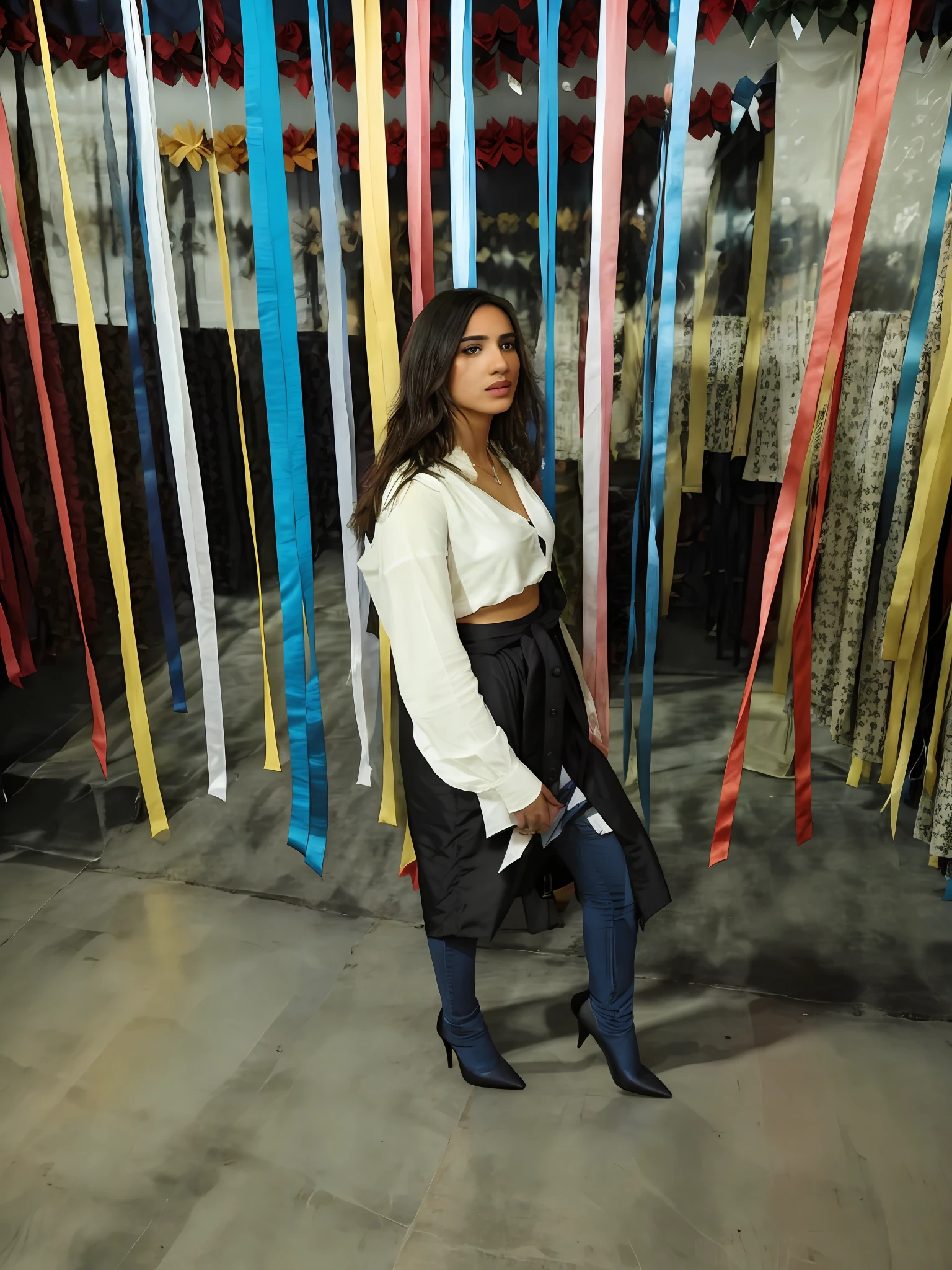 there is a woman standing in front of a wall of ribbons, profile shot, lorena avarez, low quality photo, profile image, taken with canon 8 0 d, dressed with long fluent clothes, captured with sony a3 camera, taken with a canon eos 5 d, taken with a canon eos 5d, taken in the night