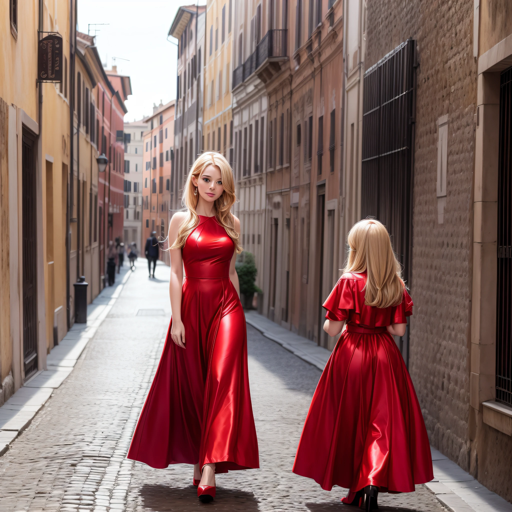 (a beautiful woman:1.3, with a beautiful red dress and red high heeled shoes, with a beautiful blonde hair, perfect skin, closeup),(strolling through the streets of Rome in Italy:1.2),beautiful environment,classic,historic streets,historical architecture,vectorized, colorful and sharp,wide shot, high contrast,slight fantasy bias, realism, UHD, 8k, cinematic background, slightly blurred.