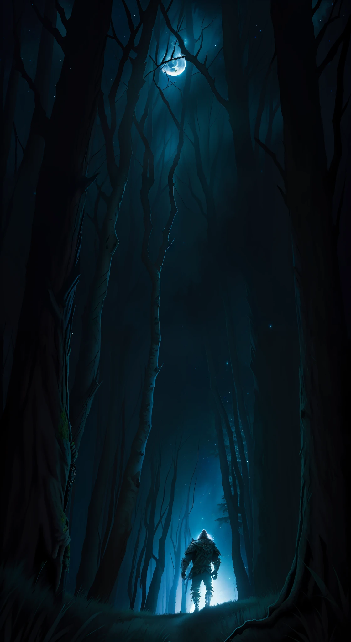 (Open image) 1 man solo, hunting tool, armor, shield spear hunter, midnight forest. Full moon, opening of trees, stars, owl, sinister trees, crow, night weather (super realistic masterpiece) hoeme tall, strong, muscular, brave walking and hunting in the forests. (Wide angle)