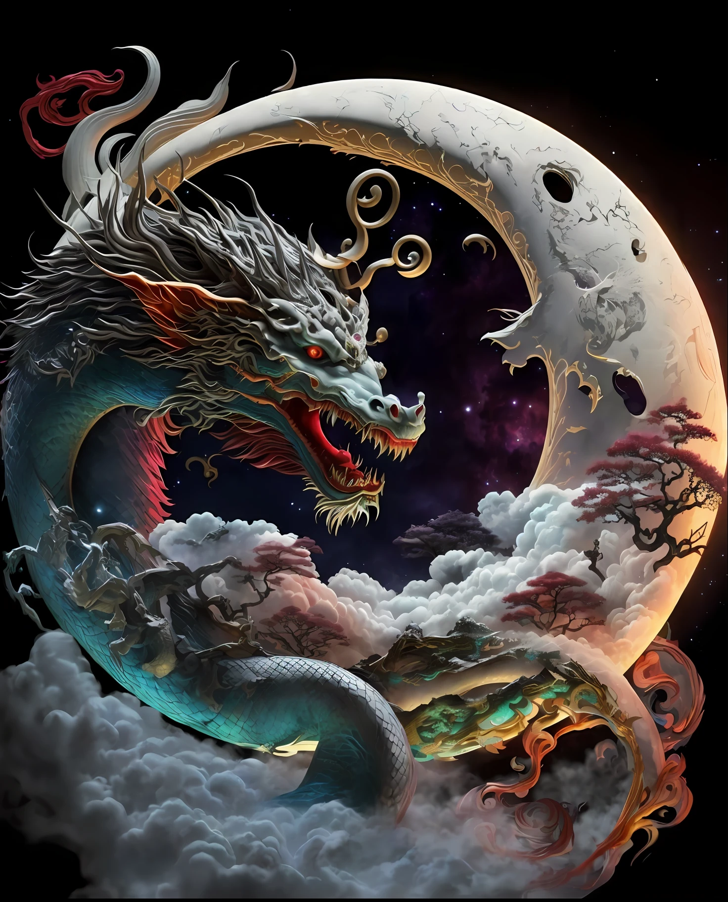 a close up of a dragon on a cloud with a full moon in the background, majestic japanese dragon, detailed cover artwork, dragon art, cyan chinese dragon fantasy, chinese fantasy, chinese dragon concept art, high detailed official artwork, dragon in the sky, highly detailed fantasy art, highly detailed digital artwork, 4 k highly detailed art, highly detailed cover art