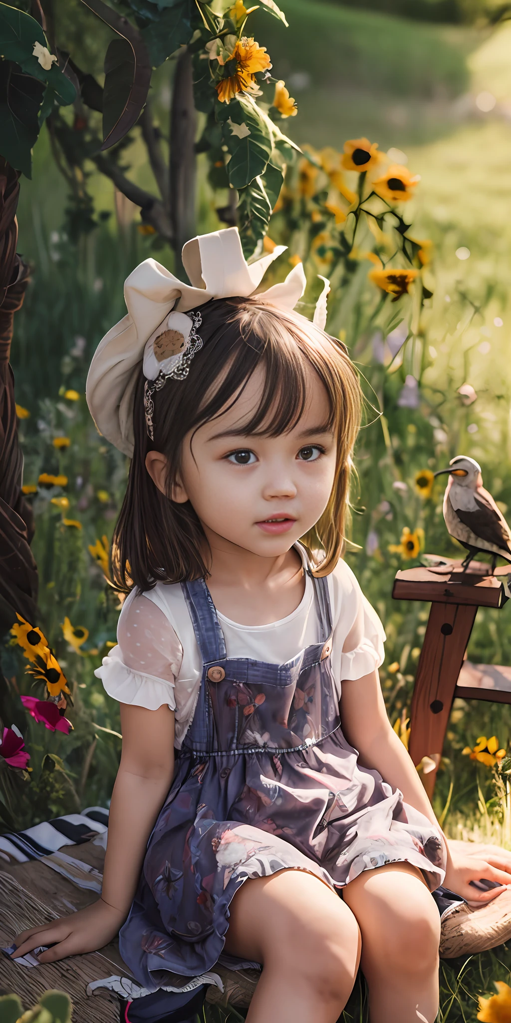 High Detail, Ultra Detail, 8K, Ultra High Resolution A cute and innocent girl, child, toddler, enjoying her time in the open field, surrounded by the beauty of nature, warm sun sprinkling on her, wildflowers gently swaying in the breeze. Butterflies and birds flutter around her, adding to the playful atmosphere,