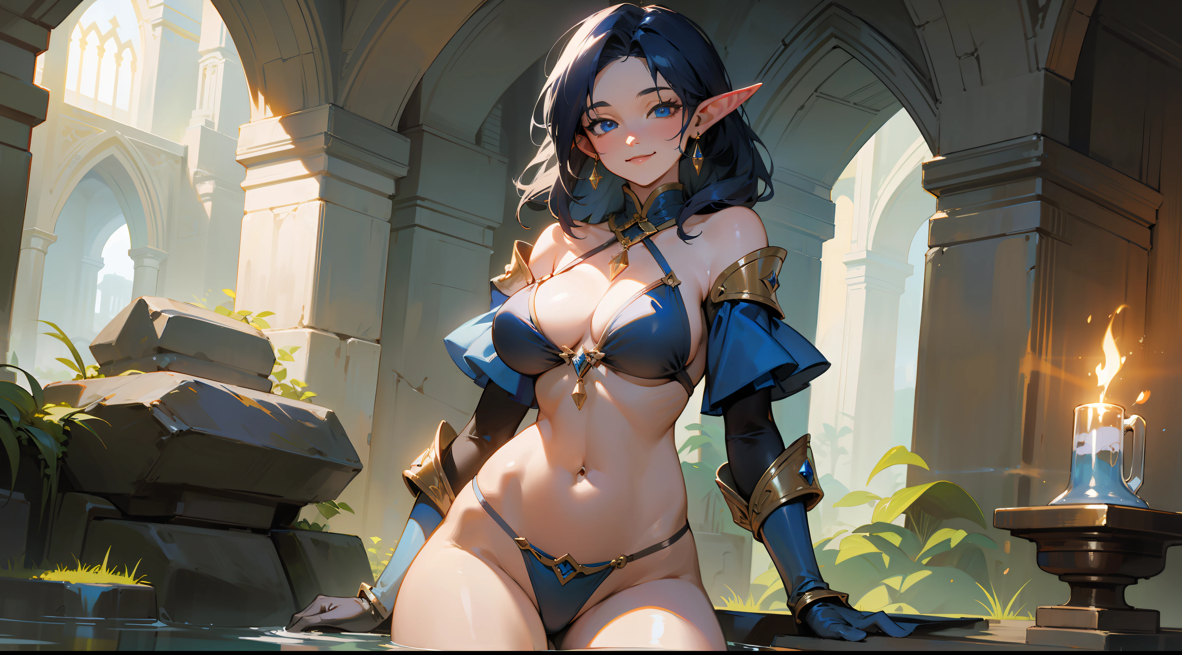 masterpiece, best quality, mature woman, elf, dark blue hair, 80's, smiling, medium breasts, exposed thighs, exposed navel, exposed arms, bikini, big shoulder pad, gloves, cinnamon height boots, can dynamic, in a stone dungeon, dark, nocturnal setting, fantasy, medieval, sorceress, water magic, well detailed glow, oil painting.